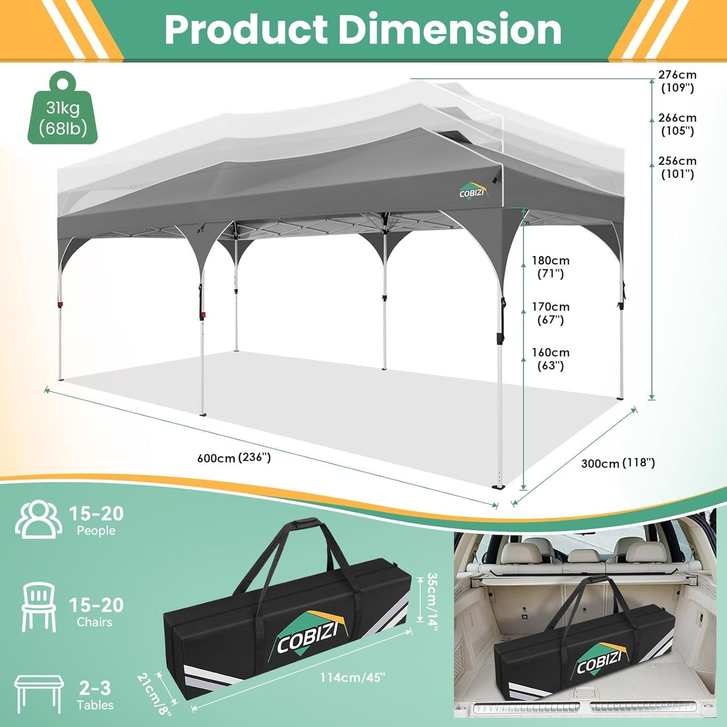 image:imageCOBIZI 10x20 Pop Up Canopy Tent with 4 Sidewalls Instant OnePush Setup Commercial Canopy with Air Vent amp Reflective Strip UPF 50 Waterproof Party Tent with Sandbags amp Stakes for Events GrayGray