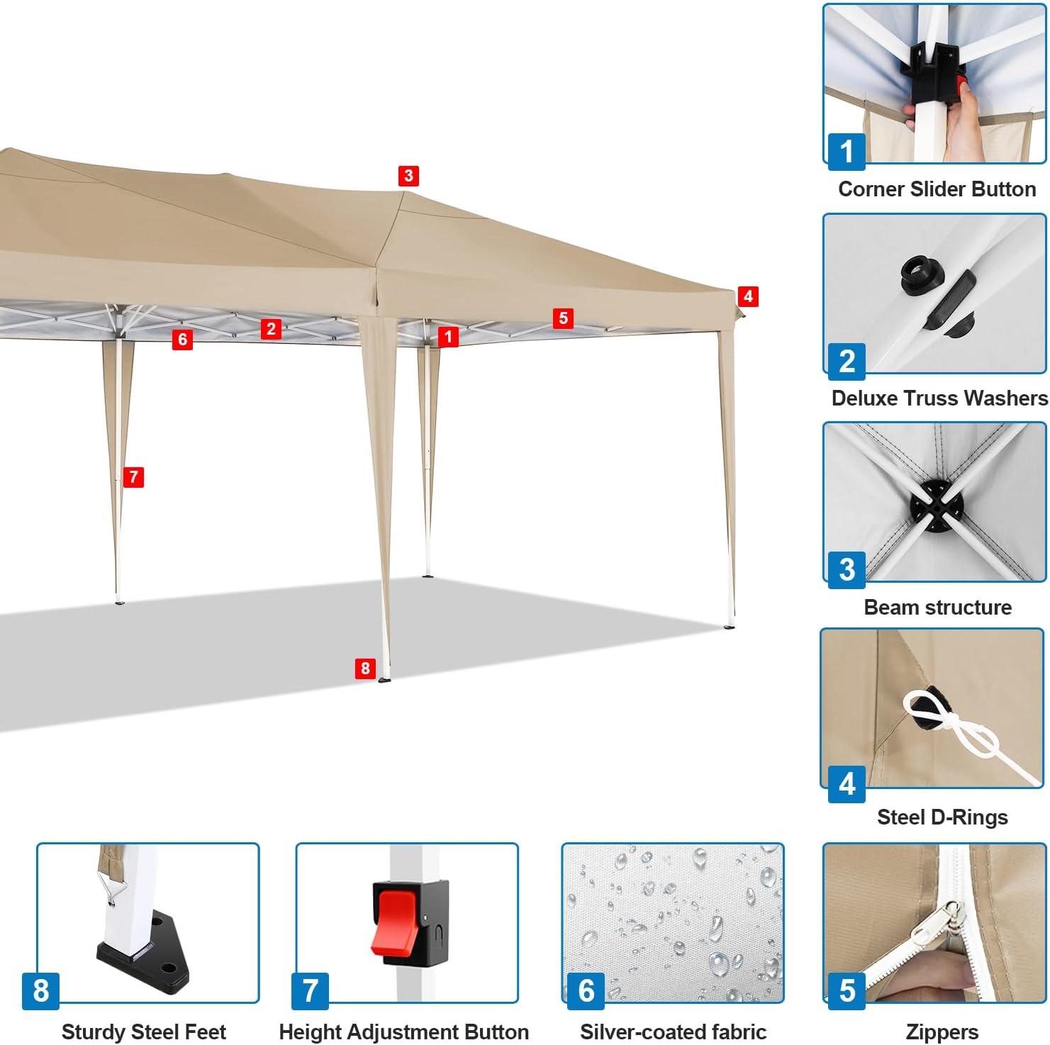 image:imageCOBIZI 10x20 Pop Up Canopy Tent with 6 Sidewalls Party Tents for Parties Weddings Backyard Waterproof Commercial Instant Outdoor Events Tent with Stakes Ropes10 x 20 ft Khaki