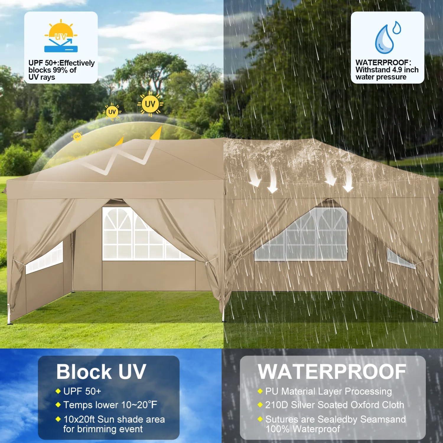 image:imageCOBIZI 10x20 Pop Up Canopy Tent with 6 Sidewalls Party Tents for Parties Weddings Backyard Waterproof Commercial Instant Outdoor Events Tent with Stakes Ropes10 x 20 ft Khaki
