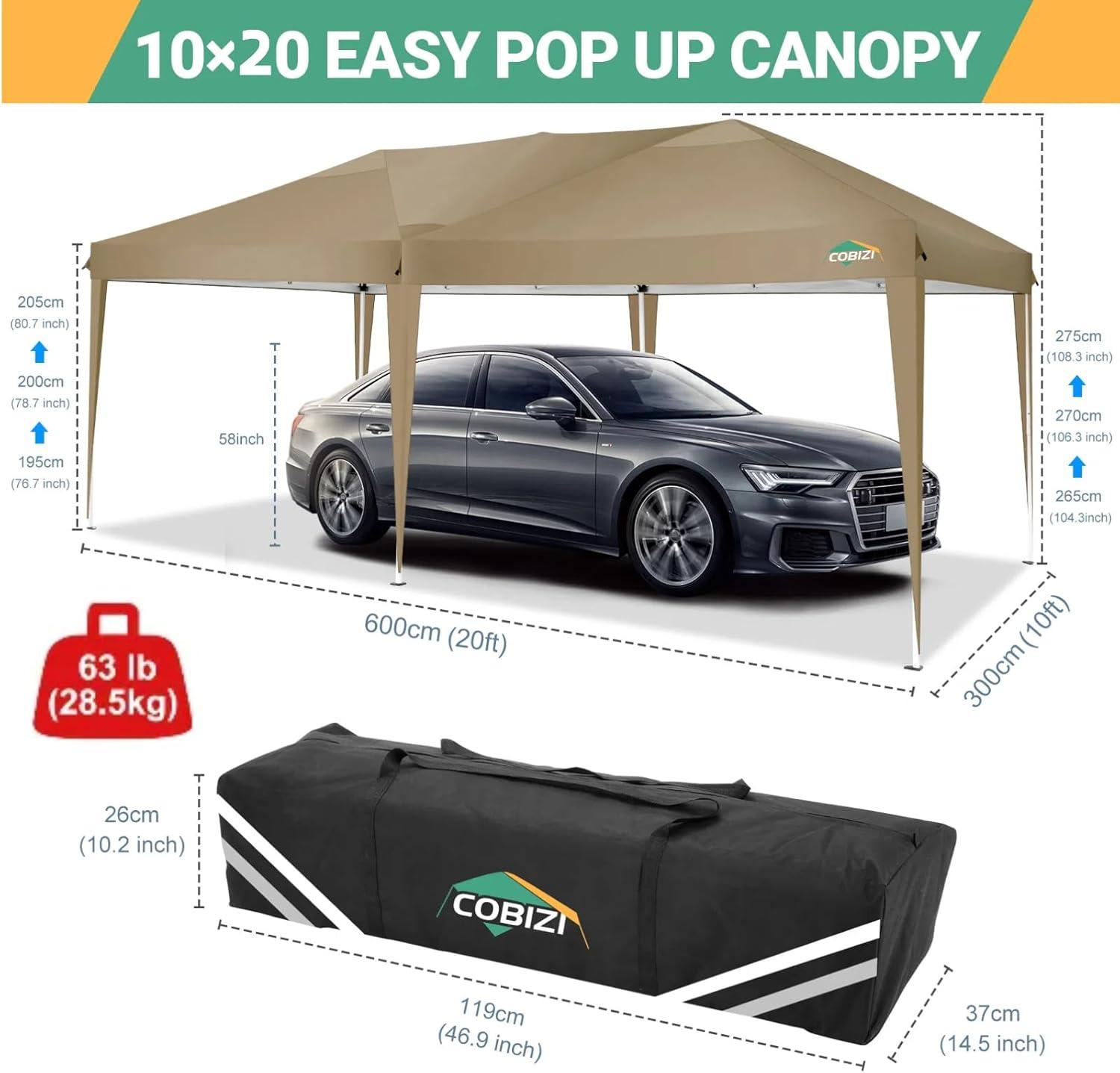image:imageCOBIZI 10x20 Pop Up Canopy Tent with 6 Sidewalls Party Tents for Parties Weddings Backyard Waterproof Commercial Instant Outdoor Events Tent with Stakes Ropes10 x 20 ft Khaki