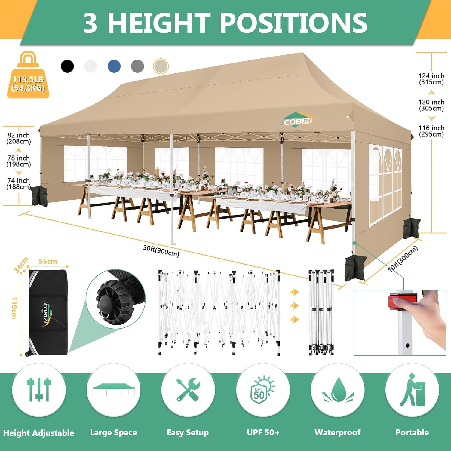 image:imageCOBIZI 10x20 Pop Up Canopy Tent with SidewallsParty Tent Outdoor Gazebos Waterproof amp UV503 Adjustable HeightsHigher Frame Design Extra Tall for Parties BackyardWeddingsMarketsWhiteKhaki
