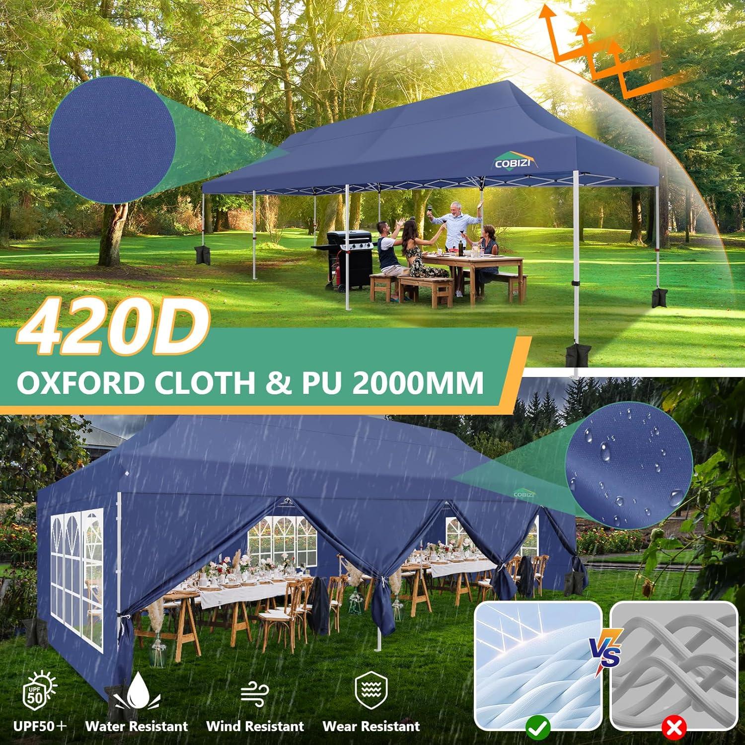image:imageCOBIZI 10x20 Pop Up Canopy Tent with SidewallsParty Tent Outdoor Gazebos Waterproof amp UV503 Adjustable HeightsHigher Frame Design Extra Tall for Parties BackyardWeddingsMarketsWhiteDark Blue