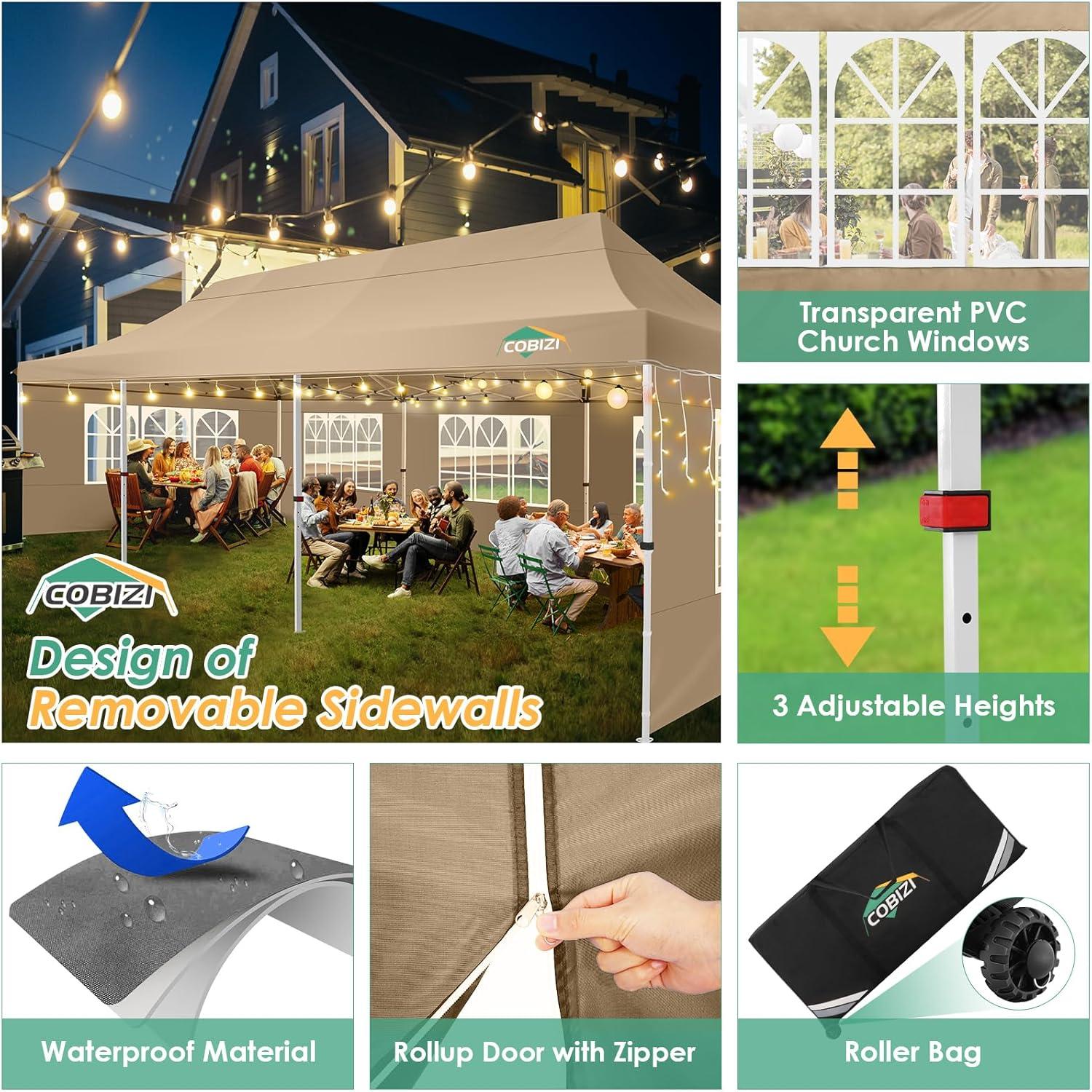 image:imageCOBIZI 10x20 Pop Up Canopy Tent with SidewallsParty Tent Outdoor Gazebos Waterproof amp UV503 Adjustable HeightsHigher Frame Design Extra Tall for Parties BackyardWeddingsMarketsWhiteKhaki