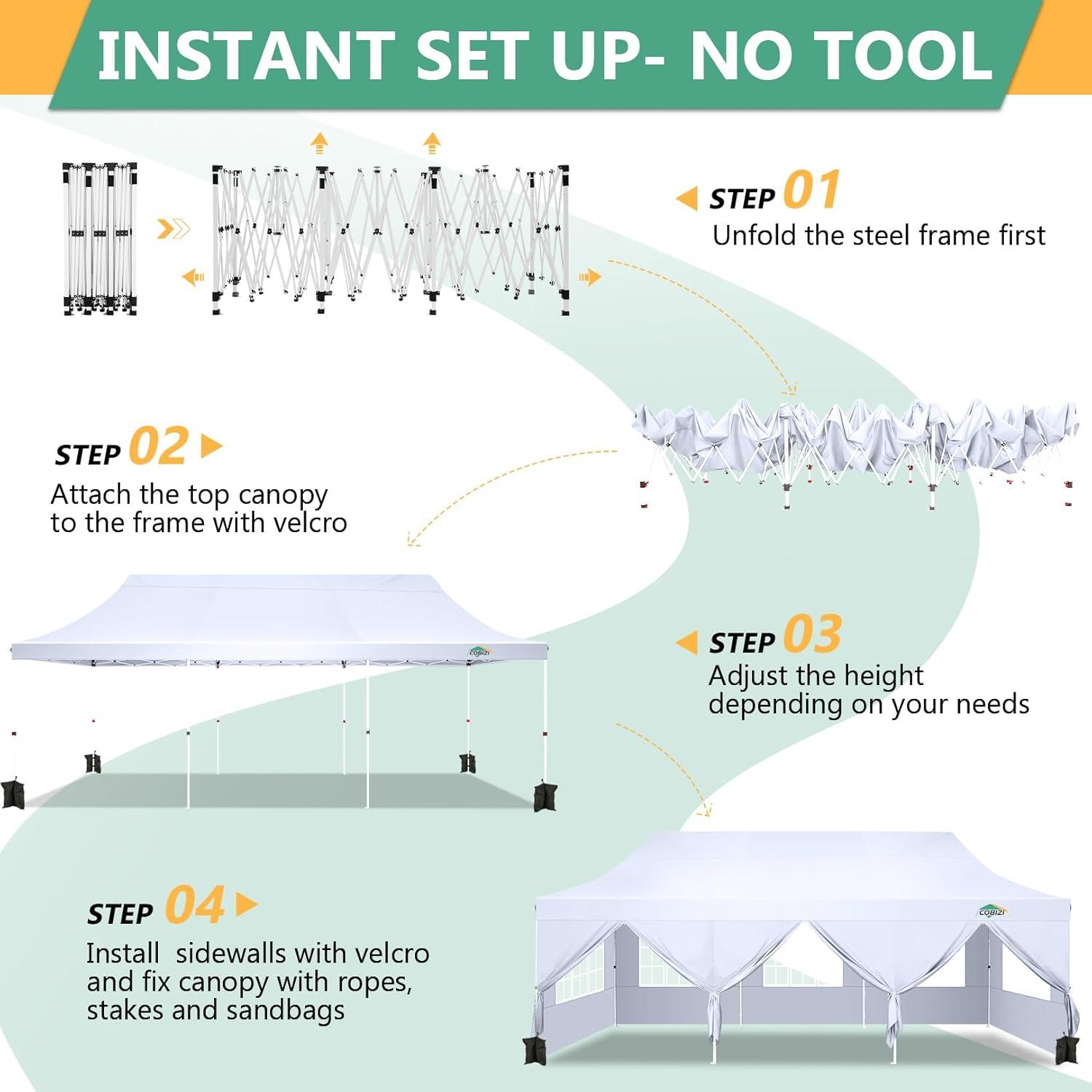 image:imageCOBIZI 10x20 Pop Up Canopy Tent with SidewallsParty Tent Outdoor Gazebos Waterproof amp UV503 Adjustable HeightsHigher Frame Design Extra Tall for Parties BackyardWeddingsMarketsWhiteWhite
