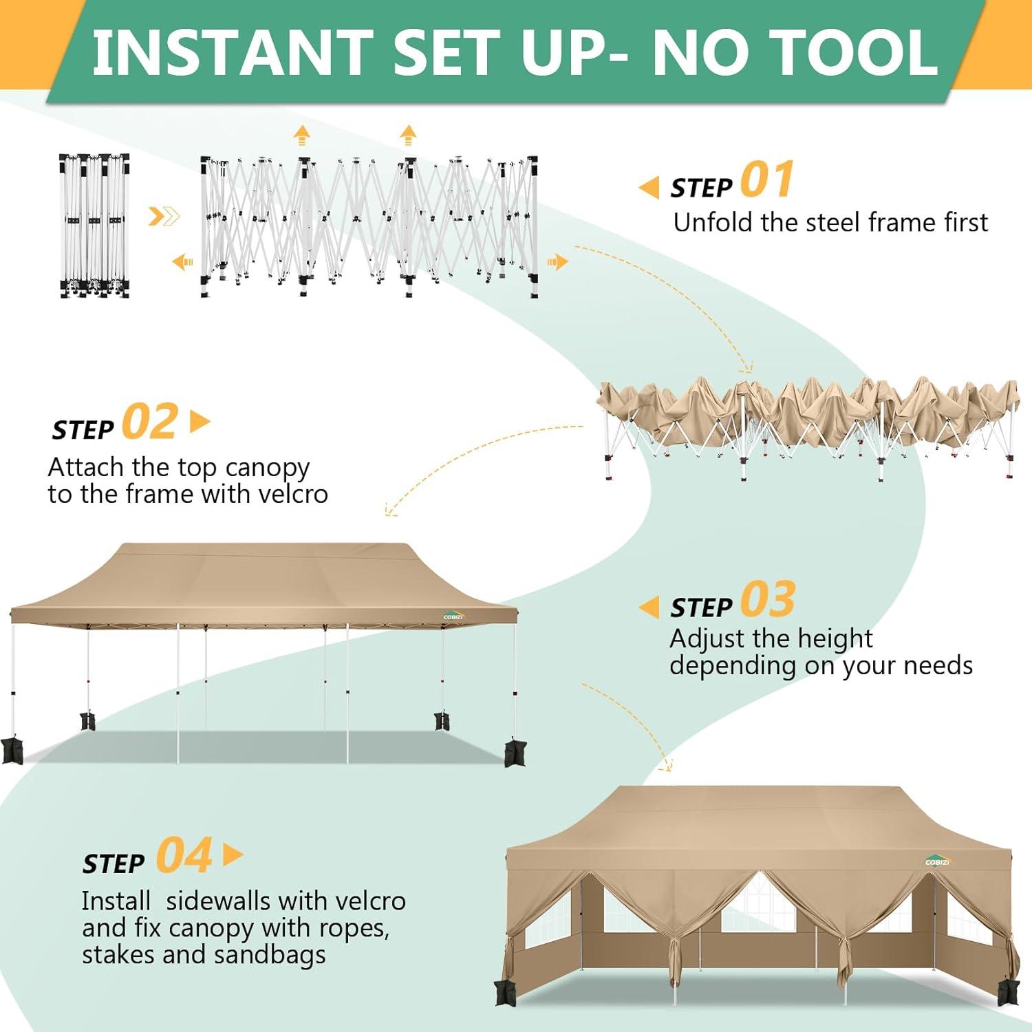image:imageCOBIZI 10x20 Pop Up Canopy Tent with SidewallsParty Tent Outdoor Gazebos Waterproof amp UV503 Adjustable HeightsHigher Frame Design Extra Tall for Parties BackyardWeddingsMarketsWhiteKhaki