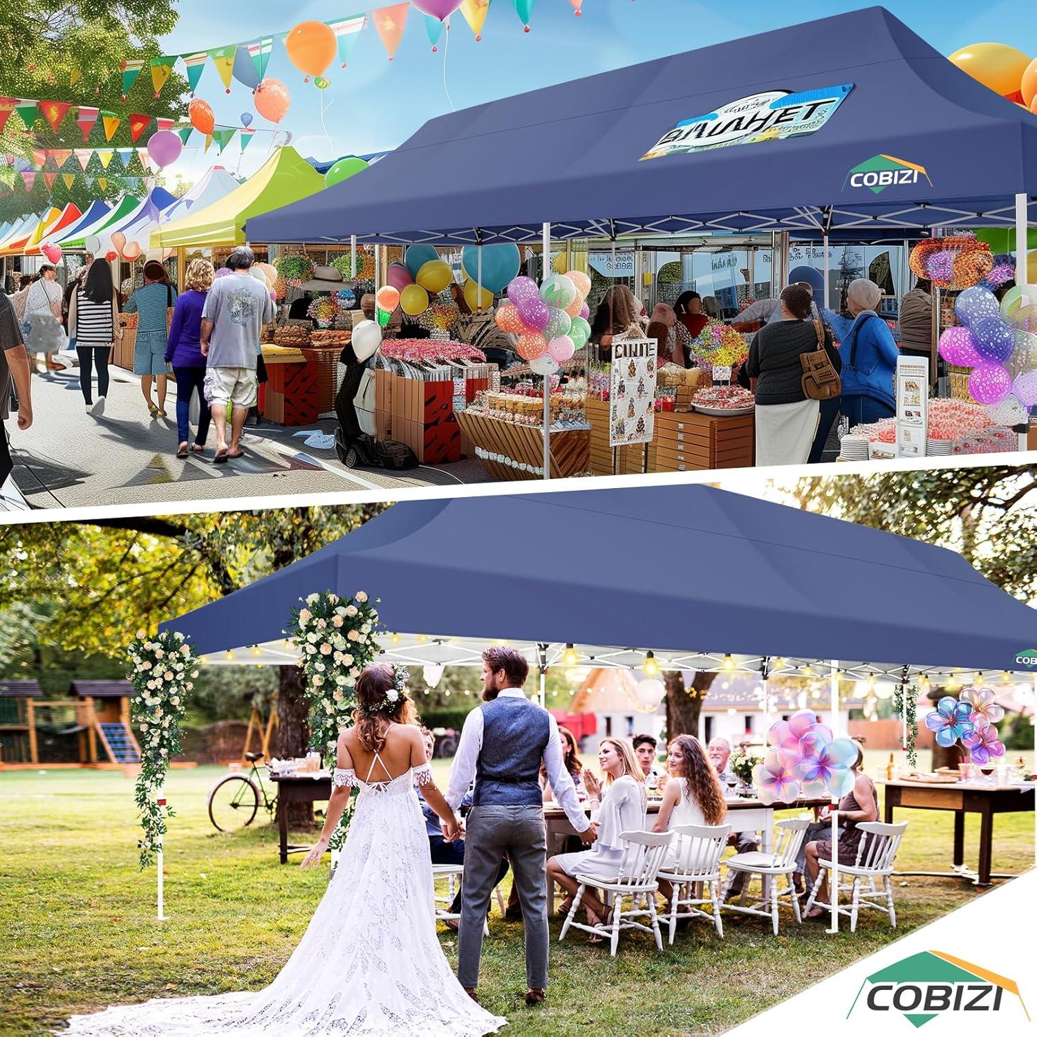 image:imageCOBIZI 10x20 Pop Up Canopy Tent with SidewallsParty Tent Outdoor Gazebos Waterproof amp UV503 Adjustable HeightsHigher Frame Design Extra Tall for Parties BackyardWeddingsMarketsWhiteDark Blue