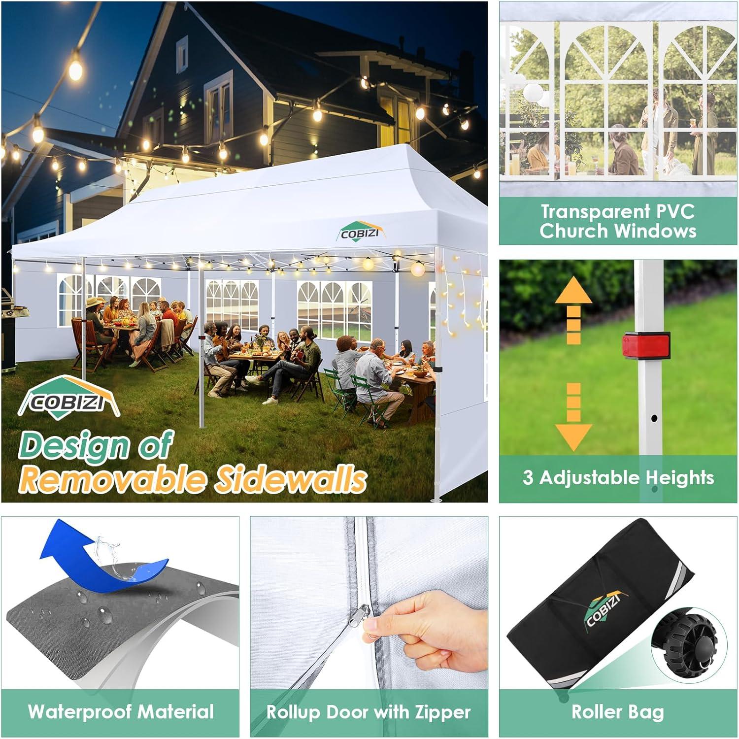 image:imageCOBIZI 10x20 Pop Up Canopy Tent with SidewallsParty Tent Outdoor Gazebos Waterproof amp UV503 Adjustable HeightsHigher Frame Design Extra Tall for Parties BackyardWeddingsMarketsWhiteWhite