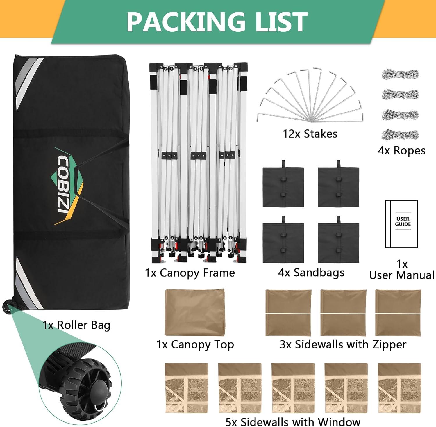 image:imageCOBIZI 10x20 Pop Up Canopy Tent with SidewallsParty Tent Outdoor Gazebos Waterproof amp UV503 Adjustable HeightsHigher Frame Design Extra Tall for Parties BackyardWeddingsMarketsWhiteKhaki