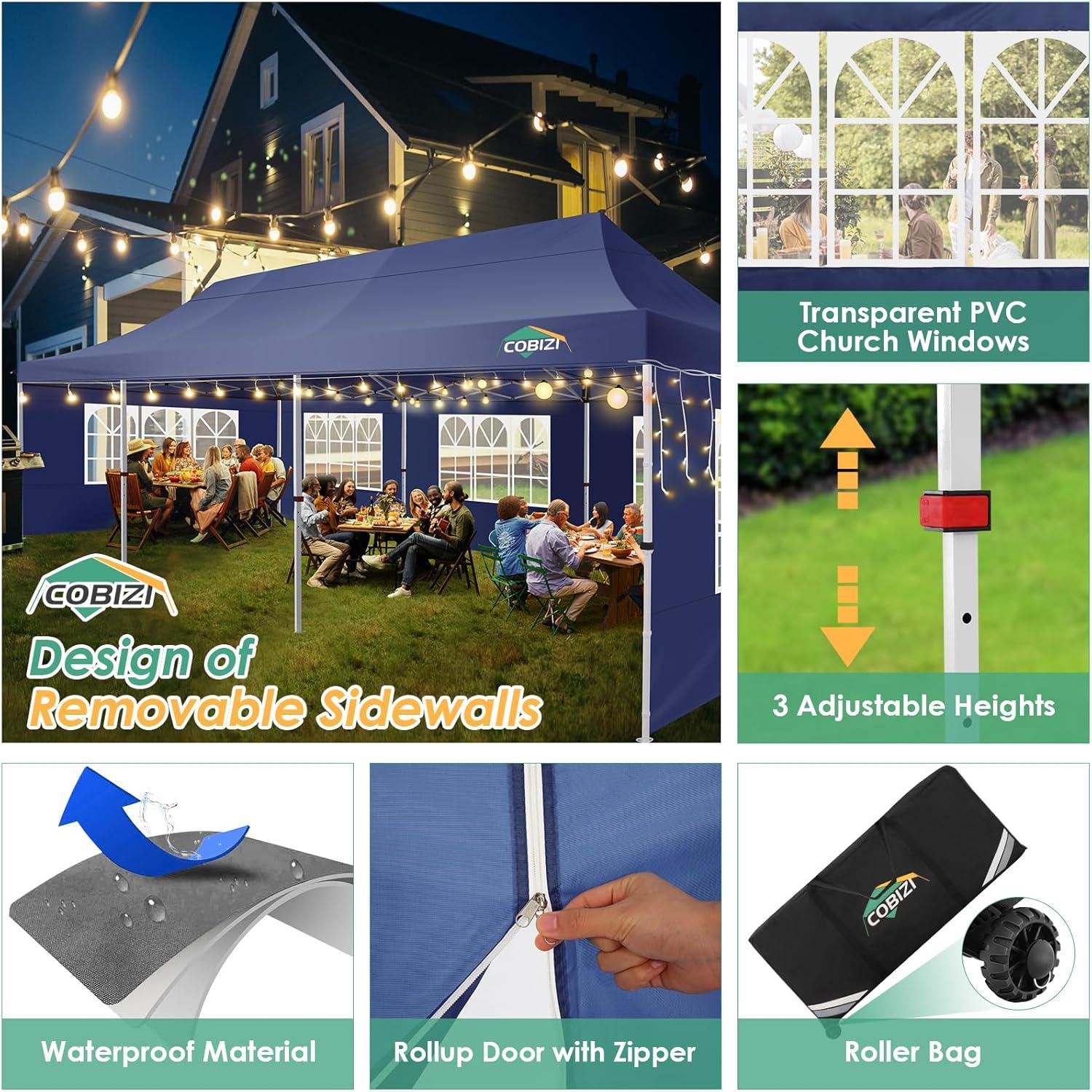 image:imageCOBIZI 10x20 Pop Up Canopy Tent with SidewallsParty Tent Outdoor Gazebos Waterproof amp UV503 Adjustable HeightsHigher Frame Design Extra Tall for Parties BackyardWeddingsMarketsWhiteDark Blue