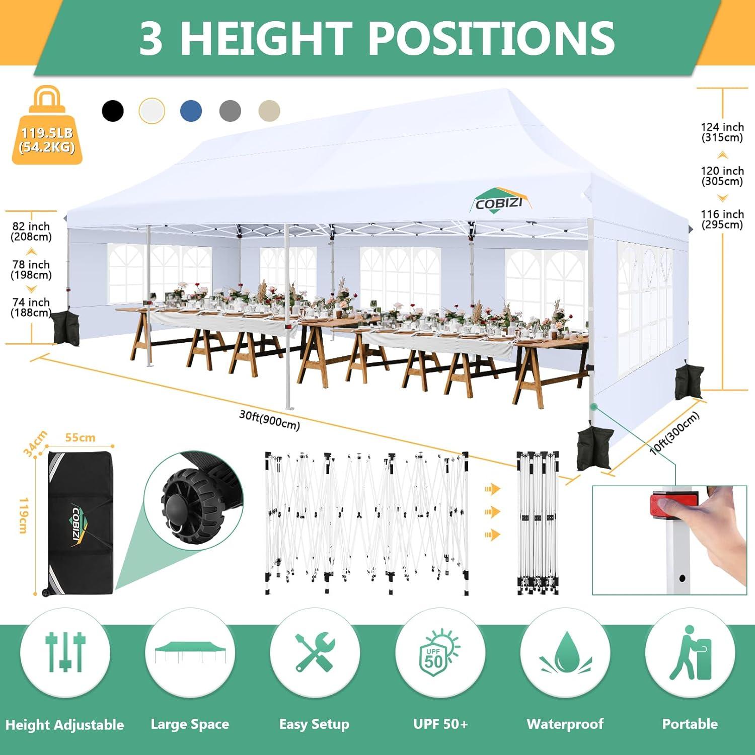 image:imageCOBIZI 10x20 Pop Up Canopy Tent with SidewallsParty Tent Outdoor Gazebos Waterproof amp UV503 Adjustable HeightsHigher Frame Design Extra Tall for Parties BackyardWeddingsMarketsWhiteWhite