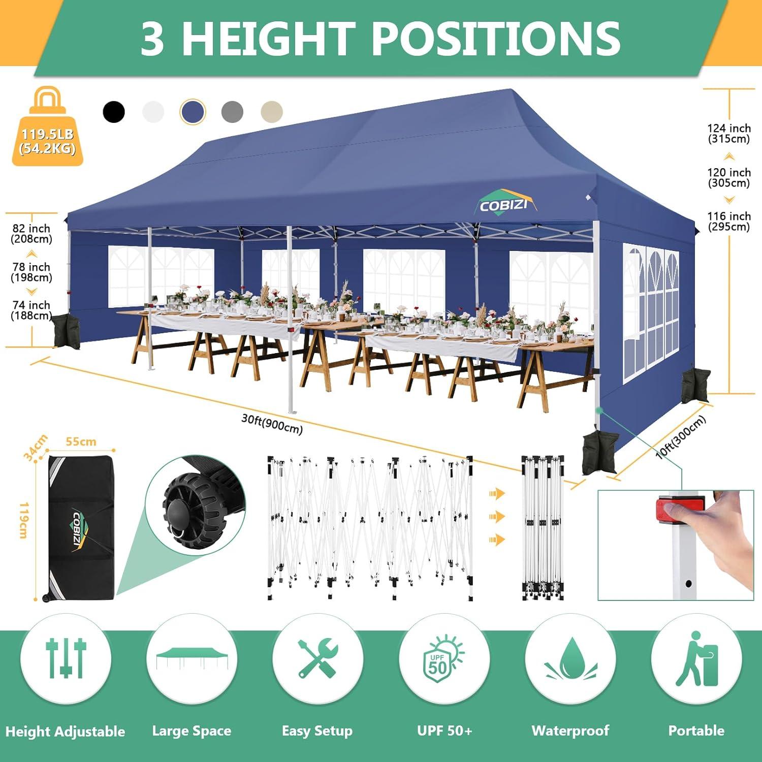 image:imageCOBIZI 10x20 Pop Up Canopy Tent with SidewallsParty Tent Outdoor Gazebos Waterproof amp UV503 Adjustable HeightsHigher Frame Design Extra Tall for Parties BackyardWeddingsMarketsWhiteDark Blue
