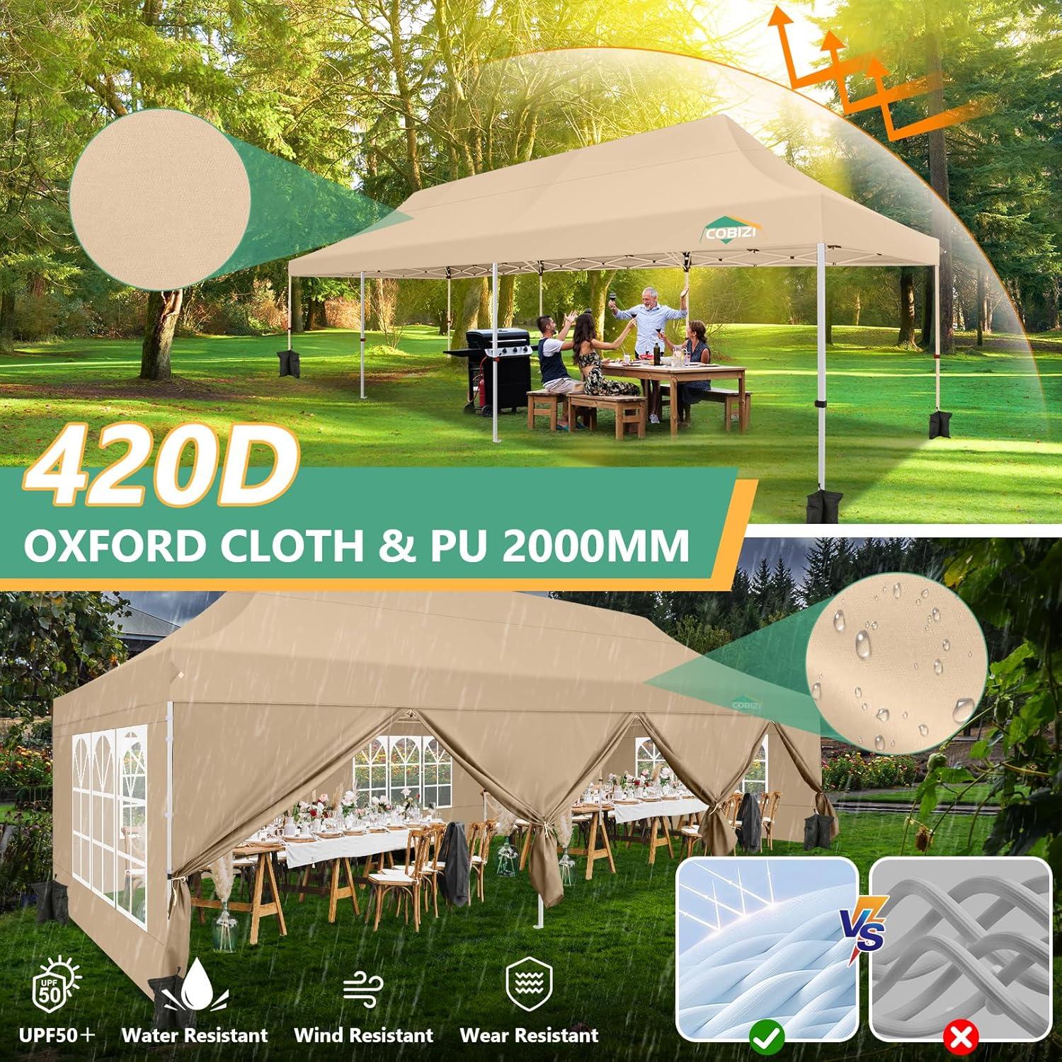 image:imageCOBIZI 10x20 Pop Up Canopy Tent with SidewallsParty Tent Outdoor Gazebos Waterproof amp UV503 Adjustable HeightsHigher Frame Design Extra Tall for Parties BackyardWeddingsMarketsWhiteKhaki