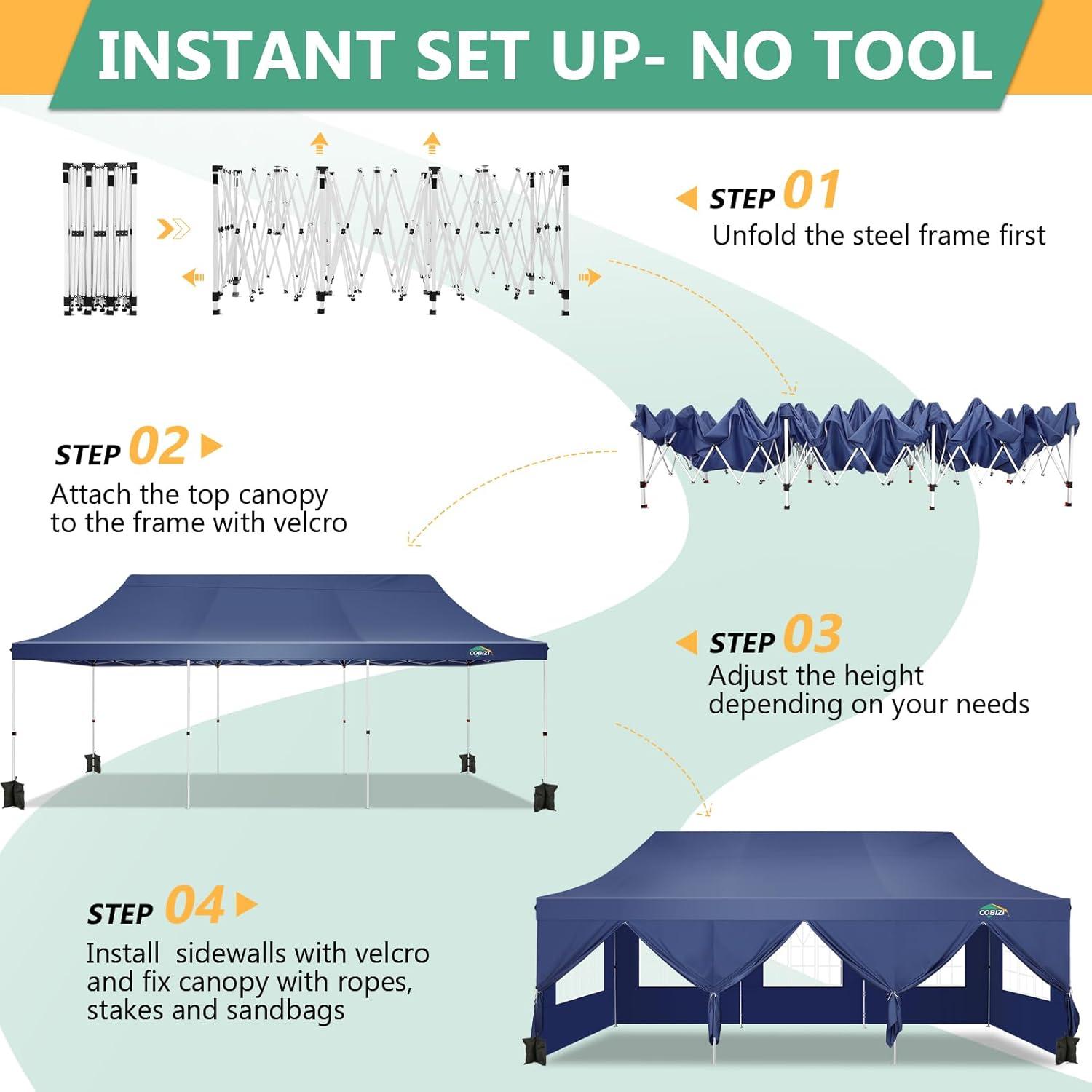image:imageCOBIZI 10x20 Pop Up Canopy Tent with SidewallsParty Tent Outdoor Gazebos Waterproof amp UV503 Adjustable HeightsHigher Frame Design Extra Tall for Parties BackyardWeddingsMarketsWhiteDark Blue