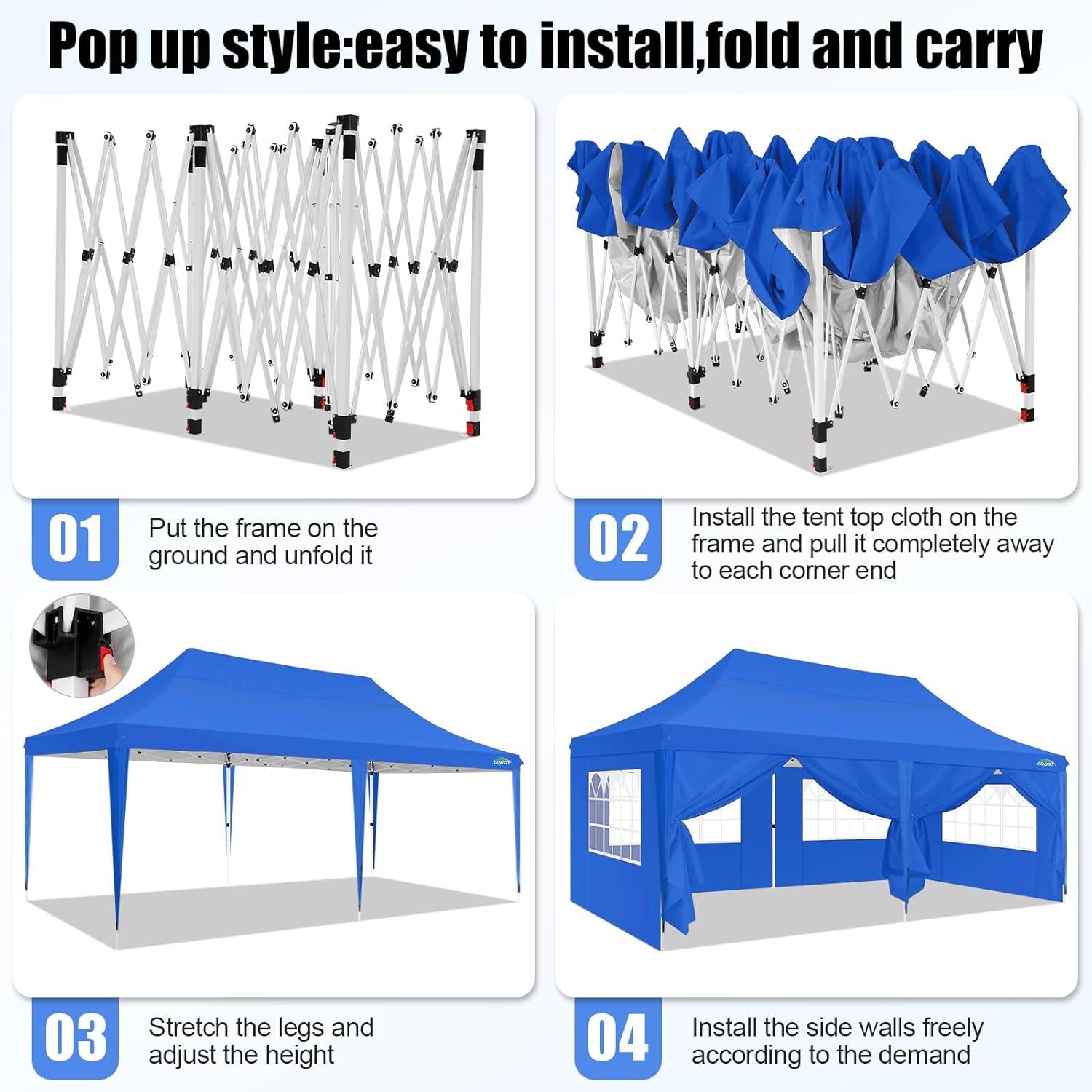image:imageCOBIZI 10x20 Pop Up Canopy with 6 Sidewall Commercial Canopy UPF 50 Waterproof Outdoor Gazebo with Carry Bag Tents for Parties with Upgrade Frame 3 Height Adjustable BlackLight Blue1 year warranty