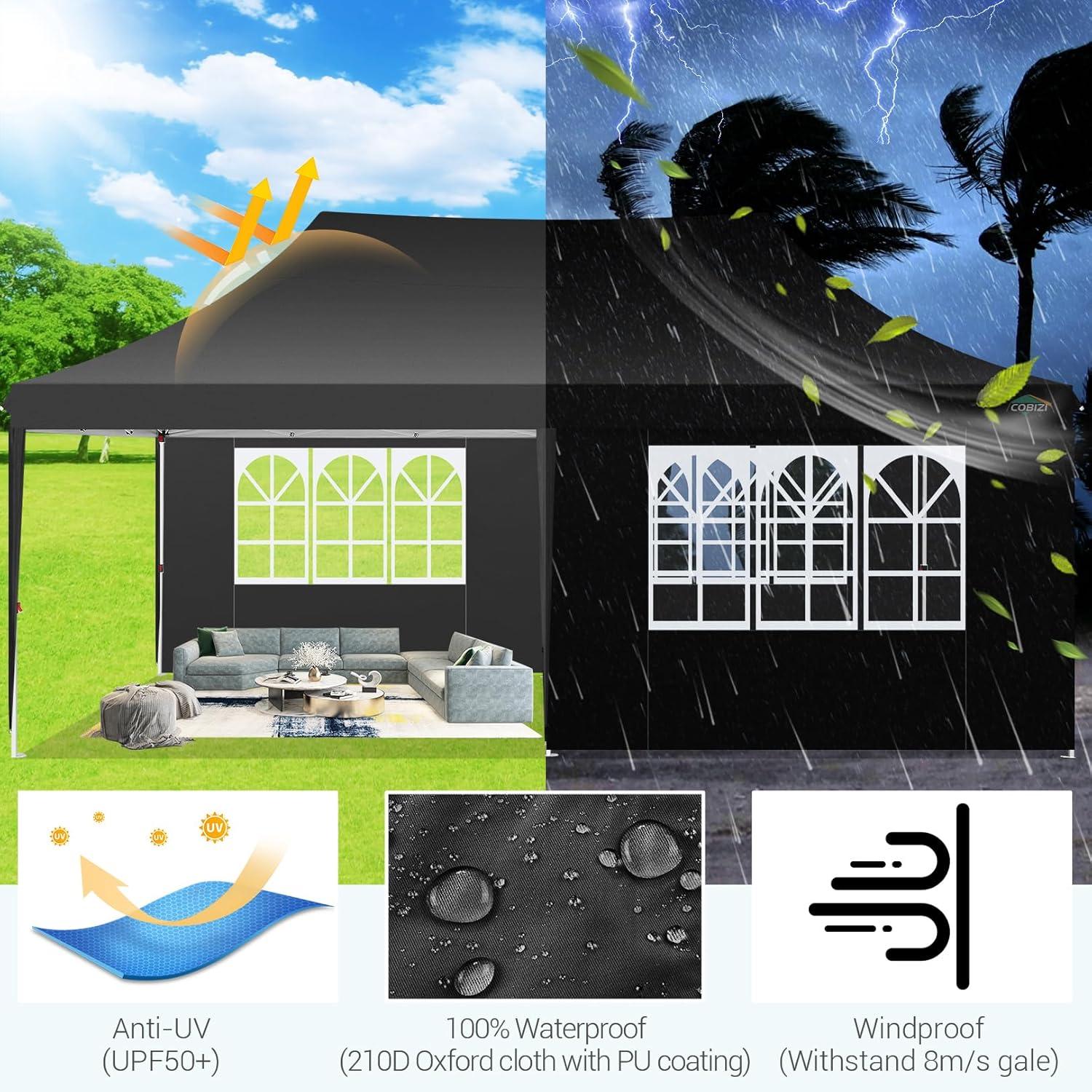 image:imageCOBIZI 10x20 Pop Up Canopy with 6 Sidewall Commercial Canopy UPF 50 Waterproof Outdoor Gazebo with Carry Bag Tents for Parties with Upgrade Frame 3 Height Adjustable BlackBlack1 year warranty