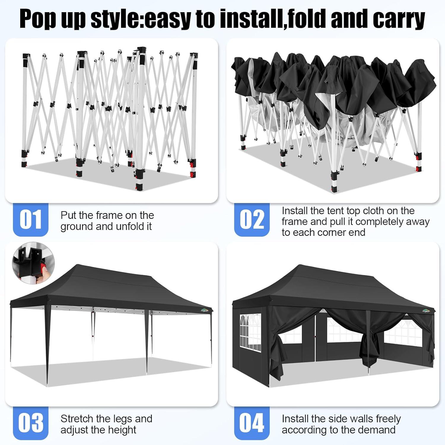 image:imageCOBIZI 10x20 Pop Up Canopy with 6 Sidewall Commercial Canopy UPF 50 Waterproof Outdoor Gazebo with Carry Bag Tents for Parties with Upgrade Frame 3 Height Adjustable BlackBlack1 year warranty