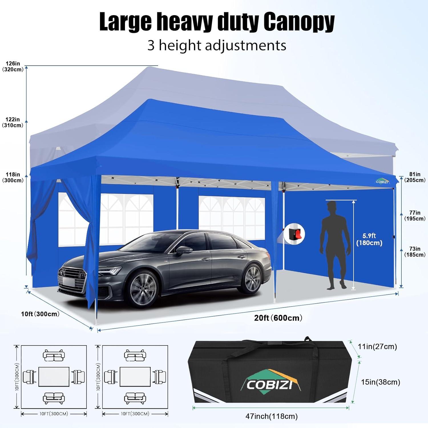 image:imageCOBIZI 10x20 Pop Up Canopy with 6 Sidewall Commercial Canopy UPF 50 Waterproof Outdoor Gazebo with Carry Bag Tents for Parties with Upgrade Frame 3 Height Adjustable BlackLight Blue1 year warranty