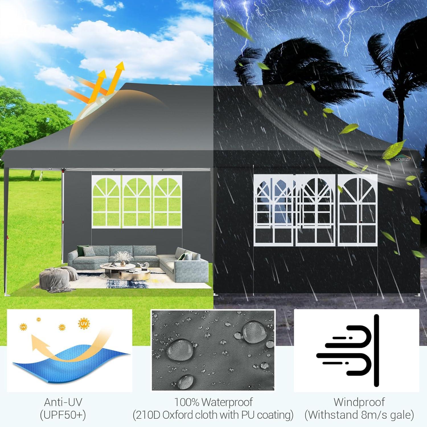 image:imageCOBIZI 10x20 Pop Up Canopy with 6 Sidewall Commercial Canopy UPF 50 Waterproof Outdoor Gazebo with Carry Bag Tents for Parties with Upgrade Frame 3 Height Adjustable BlackClassic Grey