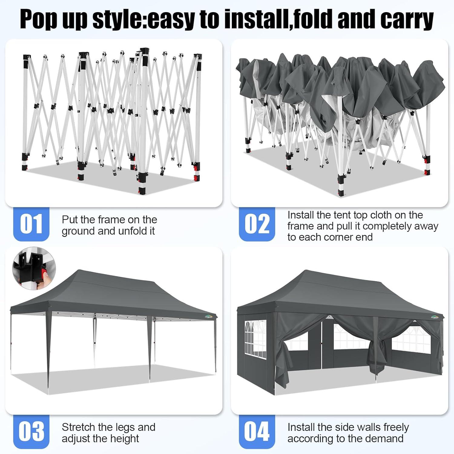 image:imageCOBIZI 10x20 Pop Up Canopy with 6 Sidewall Commercial Canopy UPF 50 Waterproof Outdoor Gazebo with Carry Bag Tents for Parties with Upgrade Frame 3 Height Adjustable BlackClassic Grey
