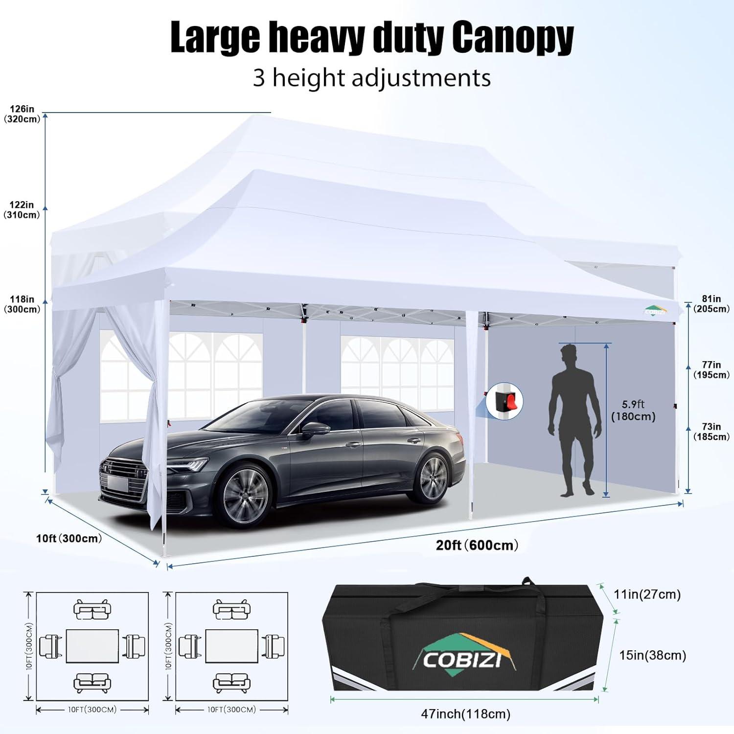 image:imageCOBIZI 10x20 Pop Up Canopy with 6 Sidewall Commercial Canopy UPF 50 Waterproof Outdoor Gazebo with Carry Bag Tents for Parties with Upgrade Frame 3 Height Adjustable White