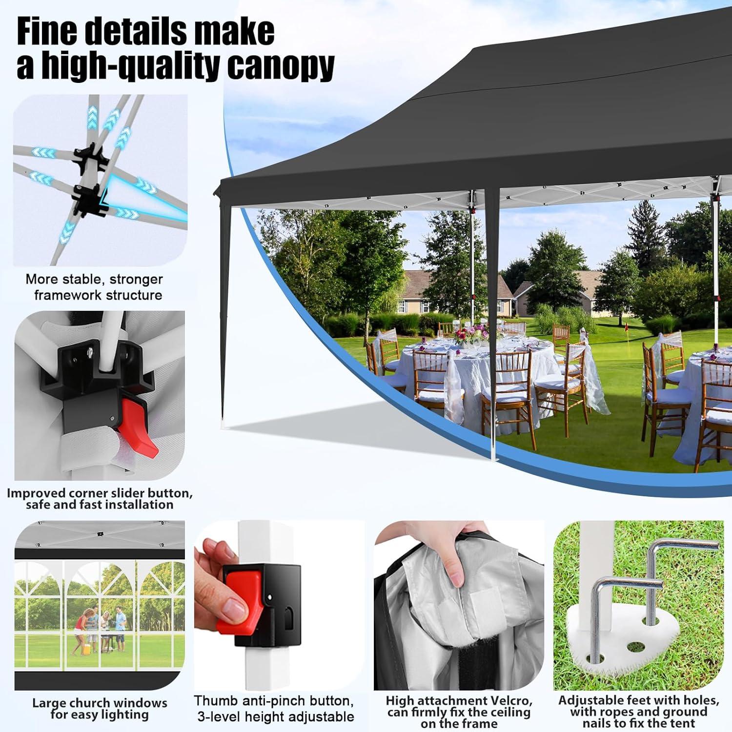 image:imageCOBIZI 10x20 Pop Up Canopy with 6 Sidewall Commercial Canopy UPF 50 Waterproof Outdoor Gazebo with Carry Bag Tents for Parties with Upgrade Frame 3 Height Adjustable BlackBlack1 year warranty