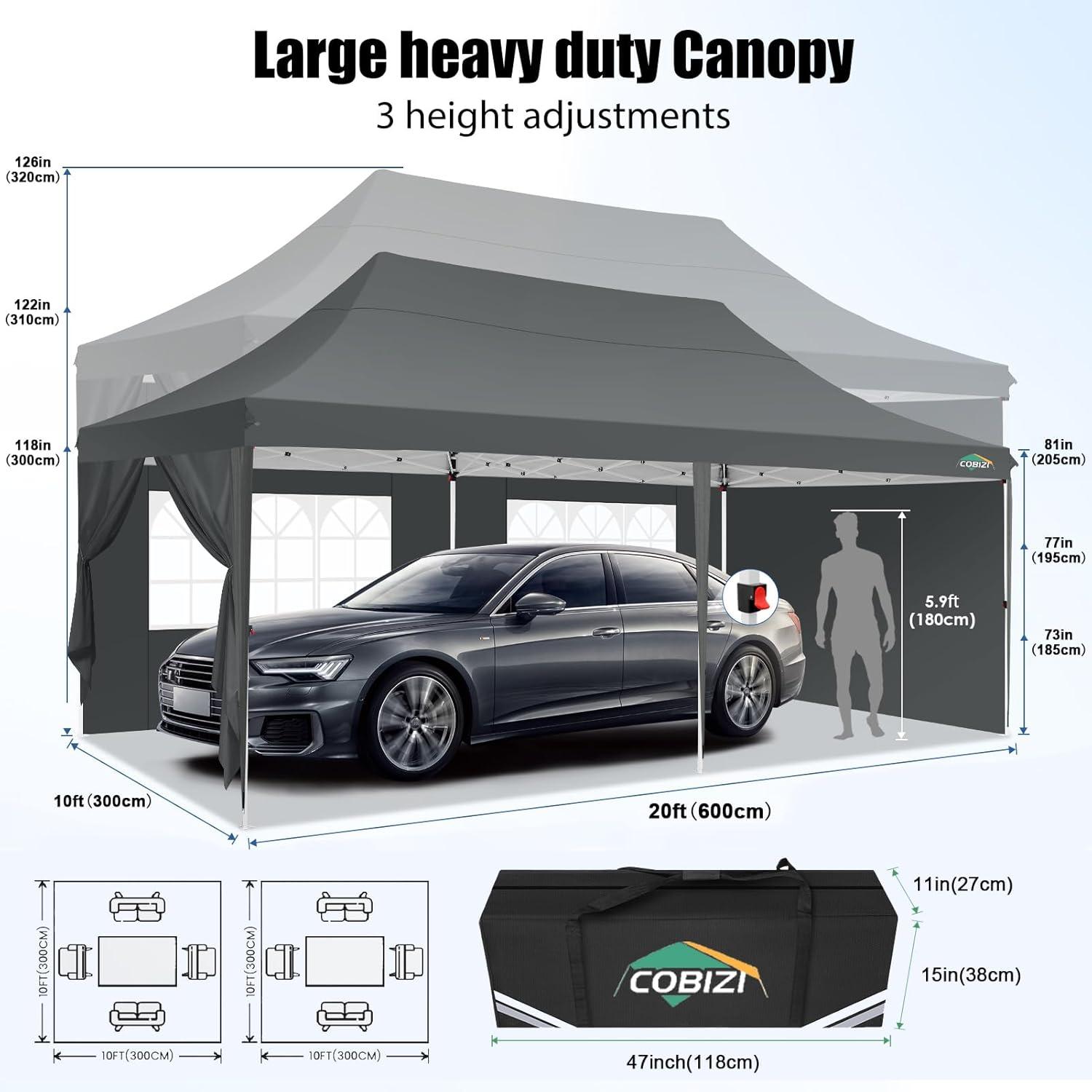 image:imageCOBIZI 10x20 Pop Up Canopy with 6 Sidewall Commercial Canopy UPF 50 Waterproof Outdoor Gazebo with Carry Bag Tents for Parties with Upgrade Frame 3 Height Adjustable BlackClassic Grey