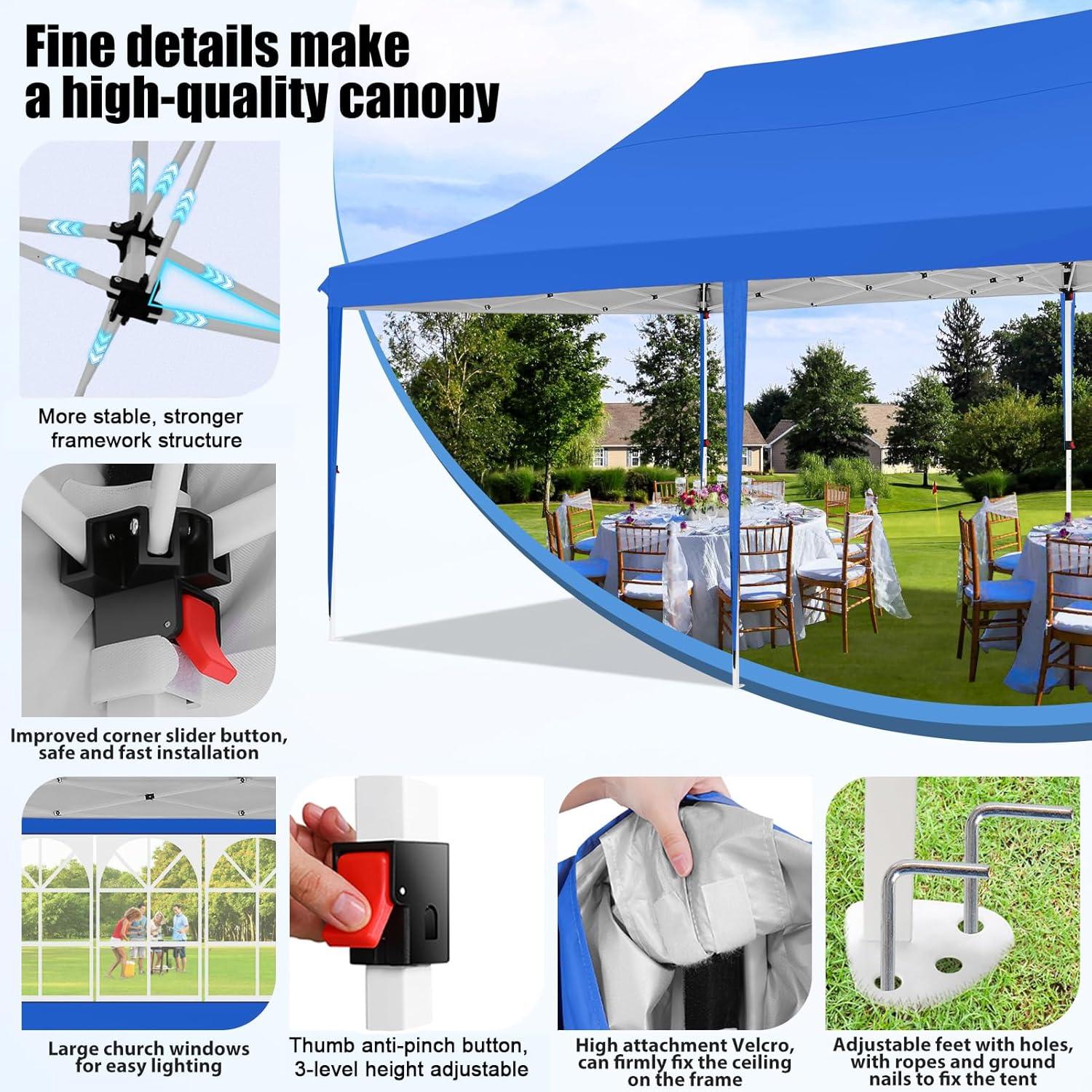 image:imageCOBIZI 10x20 Pop Up Canopy with 6 Sidewall Commercial Canopy UPF 50 Waterproof Outdoor Gazebo with Carry Bag Tents for Parties with Upgrade Frame 3 Height Adjustable BlackLight Blue1 year warranty