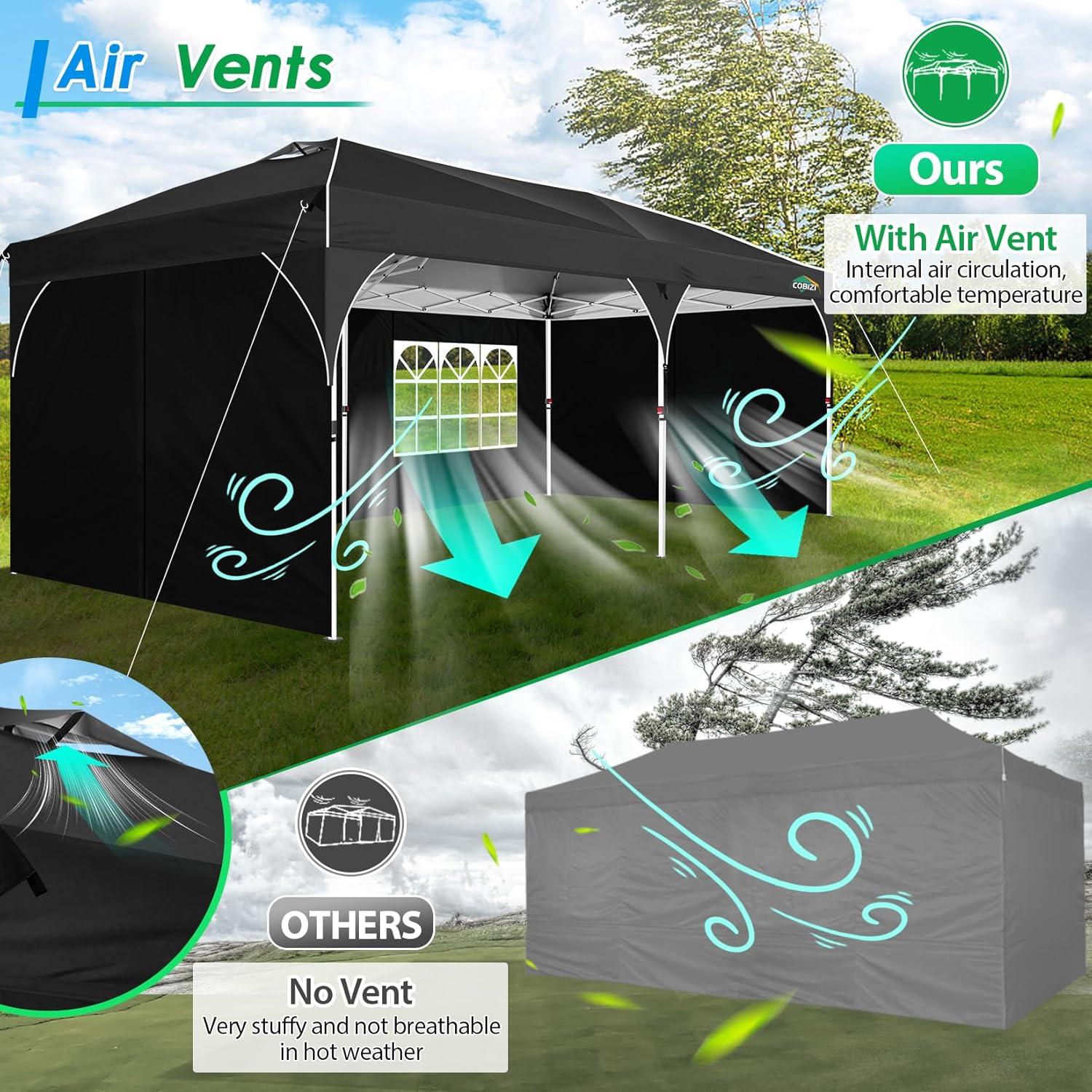 image:imageCOBIZI 10x20 Pop up Canopy Tent with 4 Sidewalls Outdoor Canopy Tent for Party with Push Center Lock amp Air Vent 2000mmWaterproof Gazebo Canopy UPF 50with 4 Sandbags12 Stakes amp 6 RopesBlackBlack