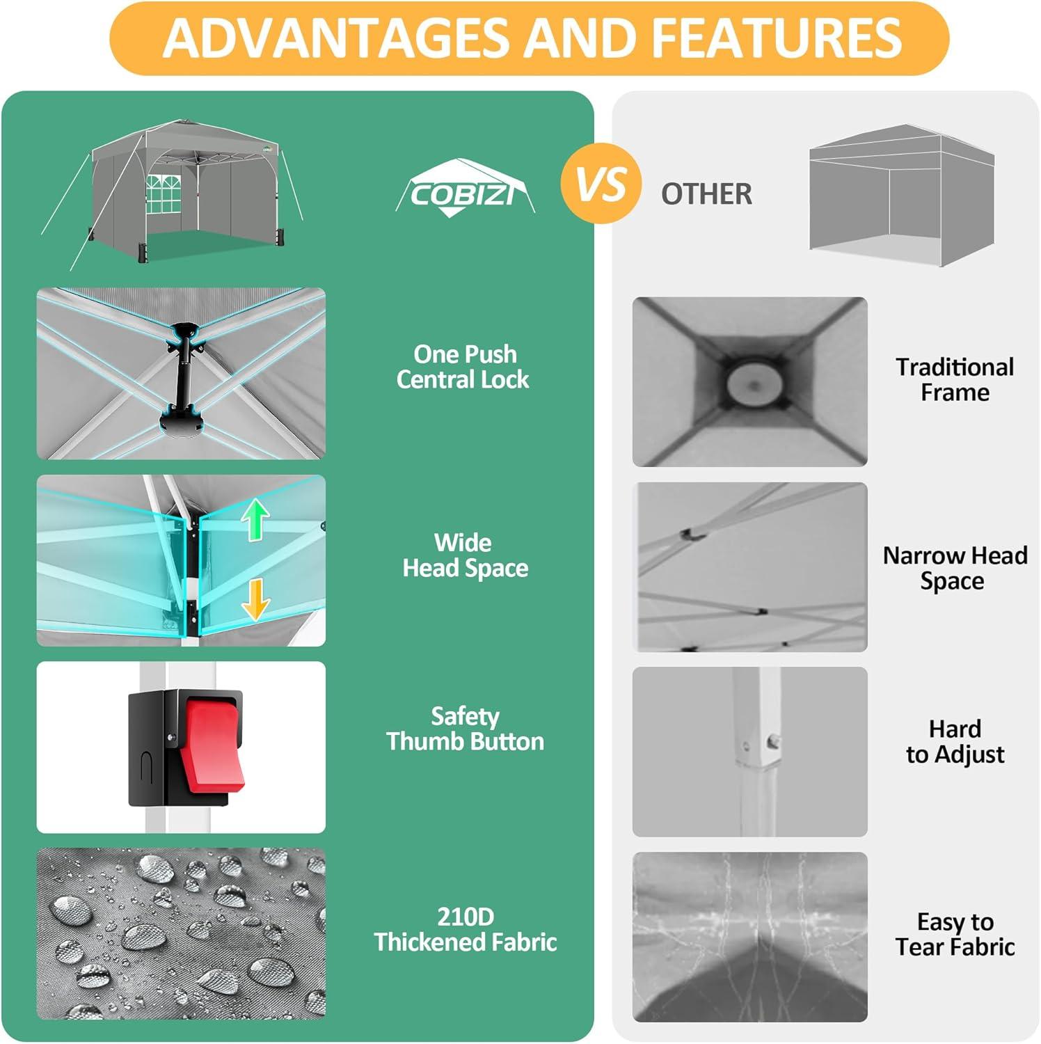 image:imageCOBIZI 10x20 Pop up Canopy Tent with 4 Sidewalls Outdoor Canopy Tent for Party with Push Center Lock amp Air Vent 2000mmWaterproof Gazebo Canopy UPF 50with 4 Sandbags12 Stakes amp 6 RopesBlackGray