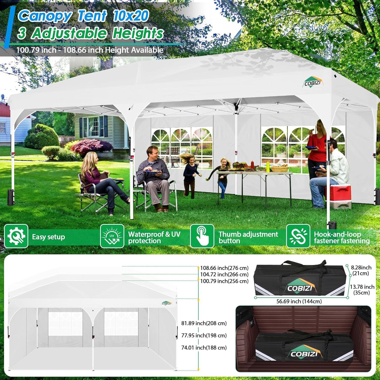 image:imageCOBIZI 10x20 Pop up Canopy Tent with 4 Sidewalls Outdoor Canopy Tent for Party with Push Center Lock amp Air Vent 2000mmWaterproof Gazebo Canopy UPF 50with 4 Sandbags12 Stakes amp 6 RopesBlackWhite