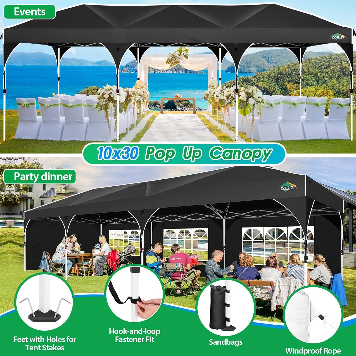 image:imageCOBIZI 10x20 Pop up Canopy Tent with 4 Sidewalls Outdoor Canopy Tent for Party with Push Center Lock amp Air Vent 2000mmWaterproof Gazebo Canopy UPF 50with 4 Sandbags12 Stakes amp 6 RopesBlackBlack