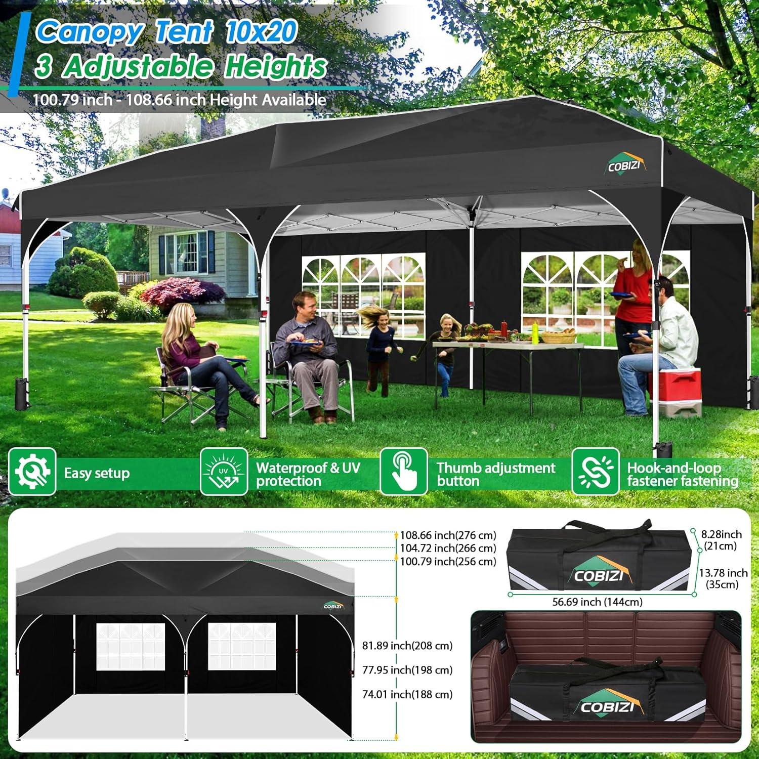 image:imageCOBIZI 10x20 Pop up Canopy Tent with 4 Sidewalls Outdoor Canopy Tent for Party with Push Center Lock amp Air Vent 2000mmWaterproof Gazebo Canopy UPF 50with 4 Sandbags12 Stakes amp 6 RopesBlackBlack