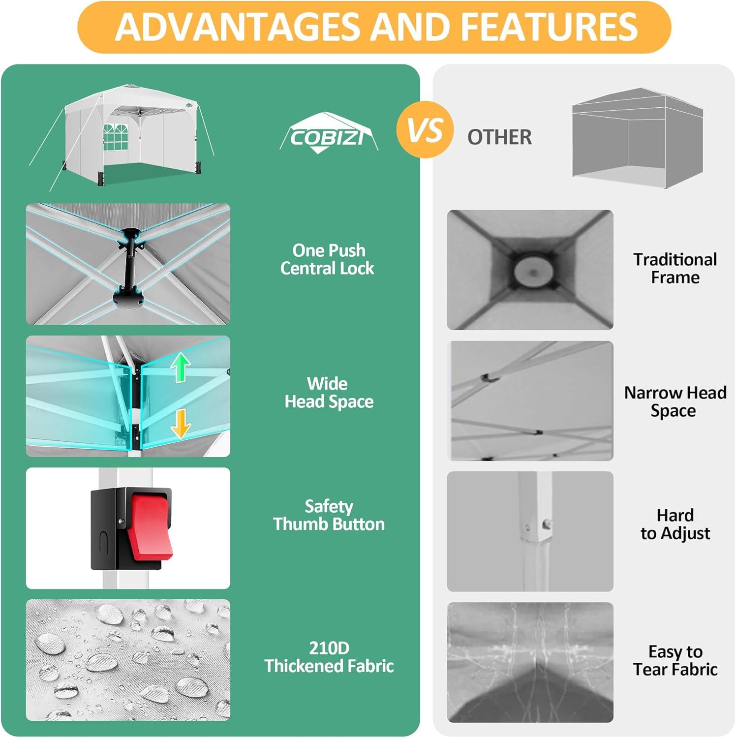 image:imageCOBIZI 10x20 Pop up Canopy Tent with 4 Sidewalls Outdoor Canopy Tent for Party with Push Center Lock amp Air Vent 2000mmWaterproof Gazebo Canopy UPF 50with 4 Sandbags12 Stakes amp 6 RopesBlackWhite