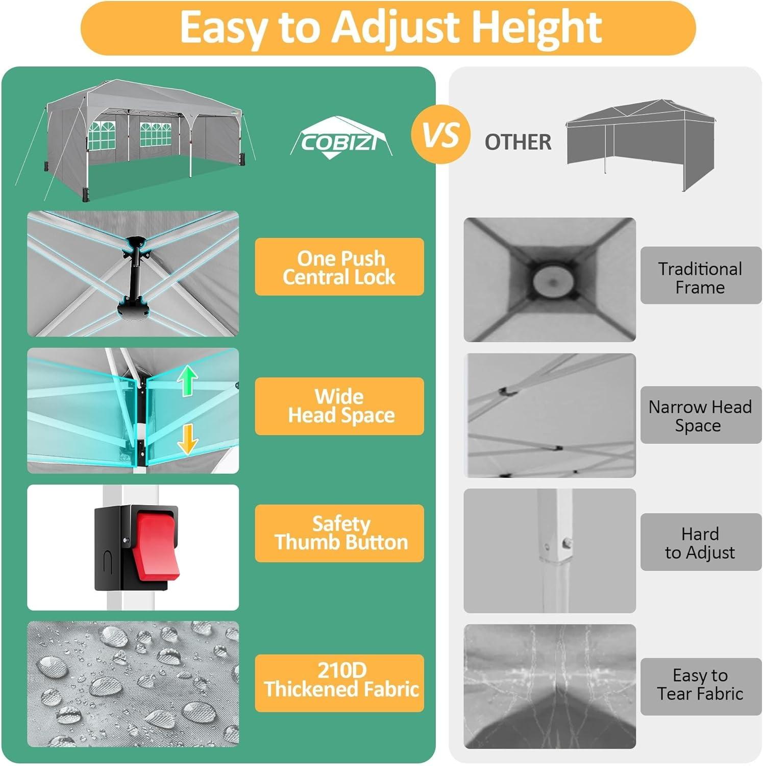 image:imageCOBIZI 10x20 Pop up Canopy Tent with 4 Sidewalls Outdoor Canopy Tent for Party with Push Center Lock amp Air Vent 2000mmWaterproof Gazebo Canopy UPF 50with 4 Sandbags12 Stakes amp 6 RopesBlackGray