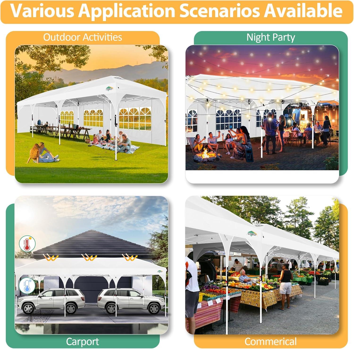 image:imageCOBIZI 10x20 Pop up Canopy Tent with 4 Sidewalls Outdoor Canopy Tent for Party with Push Center Lock amp Air Vent 2000mmWaterproof Gazebo Canopy UPF 50with 4 Sandbags12 Stakes amp 6 RopesBlackWhite