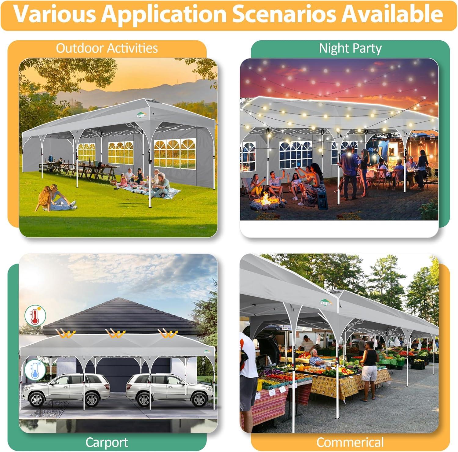 image:imageCOBIZI 10x20 Pop up Canopy Tent with 4 Sidewalls Outdoor Canopy Tent for Party with Push Center Lock amp Air Vent 2000mmWaterproof Gazebo Canopy UPF 50with 4 Sandbags12 Stakes amp 6 RopesBlackGray