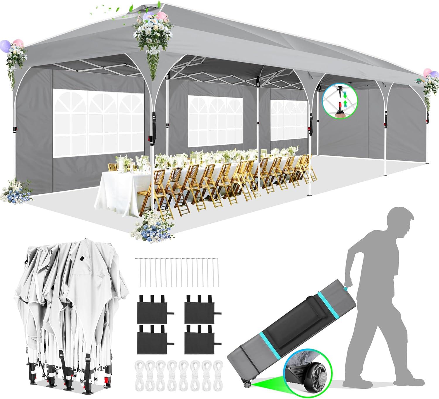image:imageCOBIZI 10x20 Pop up Canopy Tent with 4 Sidewalls Outdoor Canopy Tent for Party with Push Center Lock amp Air Vent 2000mmWaterproof Gazebo Canopy UPF 50with 4 Sandbags12 Stakes amp 6 RopesBlackGray