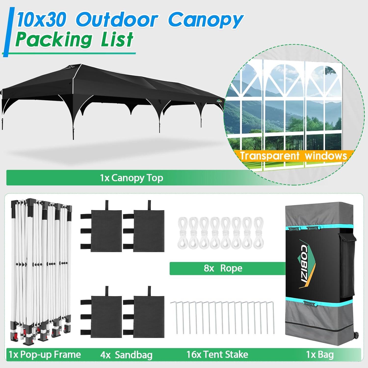 image:imageCOBIZI 10x20 Pop up Canopy Tent with 4 Sidewalls Outdoor Canopy Tent for Party with Push Center Lock amp Air Vent 2000mmWaterproof Gazebo Canopy UPF 50with 4 Sandbags12 Stakes amp 6 RopesBlackBlack