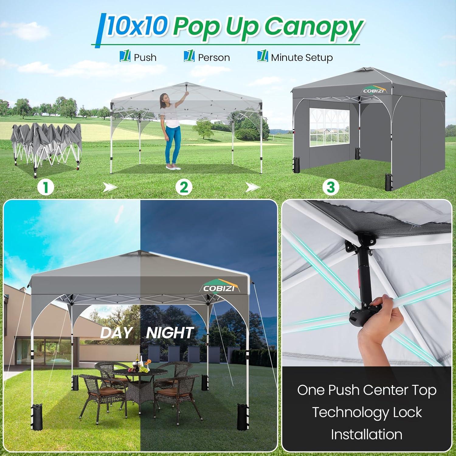 image:imageCOBIZI 10x20 Pop up Canopy Tent with 4 Sidewalls Outdoor Canopy Tent for Party with Push Center Lock amp Air Vent 2000mmWaterproof Gazebo Canopy UPF 50with 4 Sandbags12 Stakes amp 6 RopesBlackGray