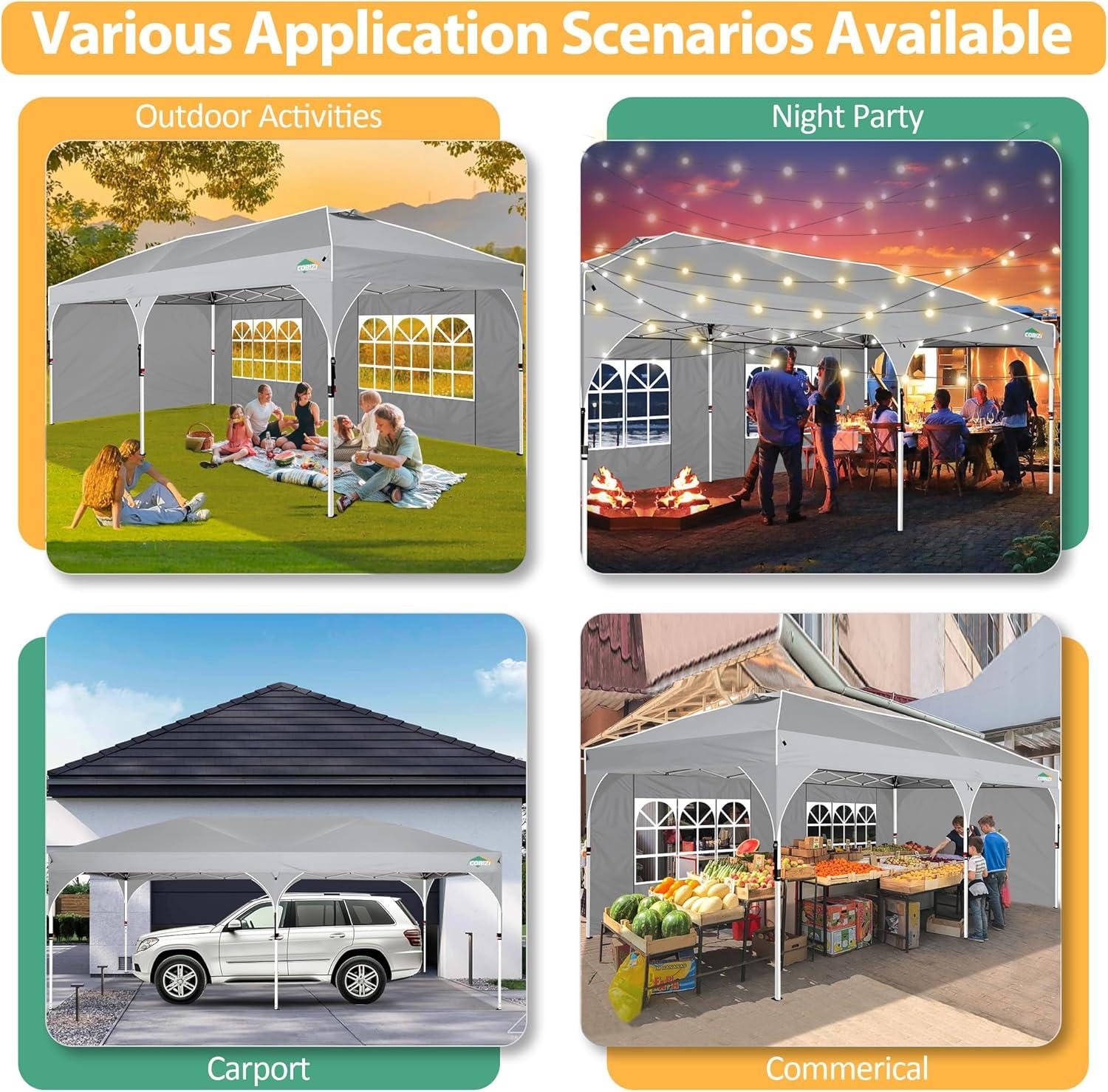 image:imageCOBIZI 10x20 Pop up Canopy Tent with 4 Sidewalls Outdoor Canopy Tent for Party with Push Center Lock amp Air Vent 2000mmWaterproof Gazebo Canopy UPF 50with 4 Sandbags12 Stakes amp 6 RopesBlackGray