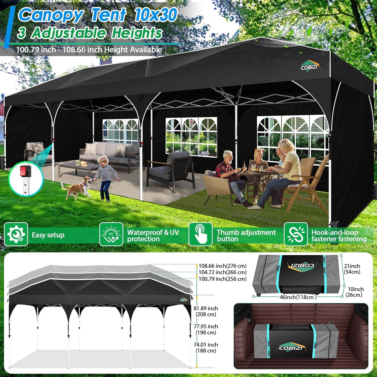 image:imageCOBIZI 10x20 Pop up Canopy Tent with 4 Sidewalls Outdoor Canopy Tent for Party with Push Center Lock amp Air Vent 2000mmWaterproof Gazebo Canopy UPF 50with 4 Sandbags12 Stakes amp 6 RopesBlackBlack