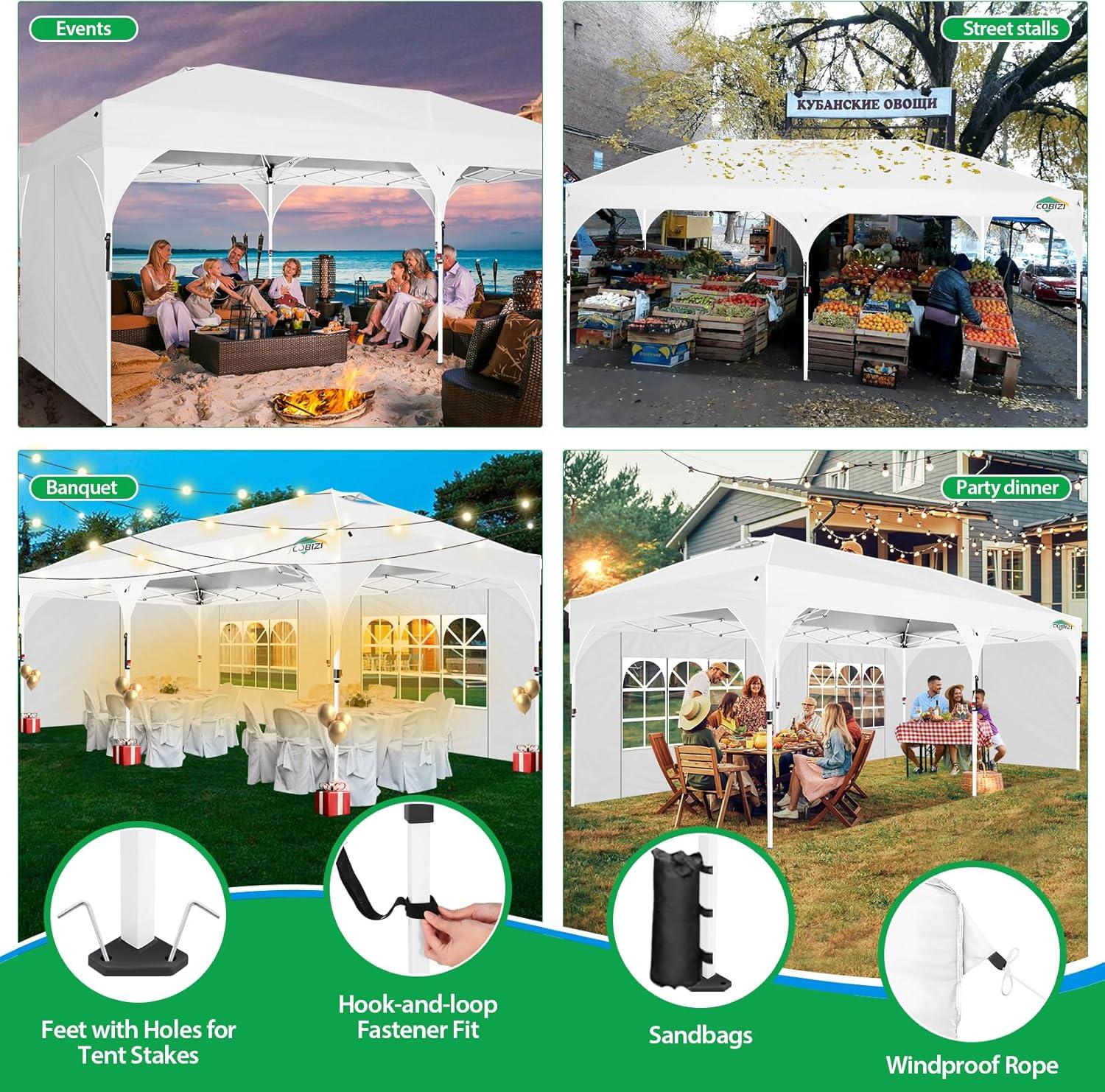 image:imageCOBIZI 10x20 Pop up Canopy Tent with 4 Sidewalls Outdoor Canopy Tent for Party with Push Center Lock amp Air Vent 2000mmWaterproof Gazebo Canopy UPF 50with 4 Sandbags12 Stakes amp 6 RopesBlackWhite