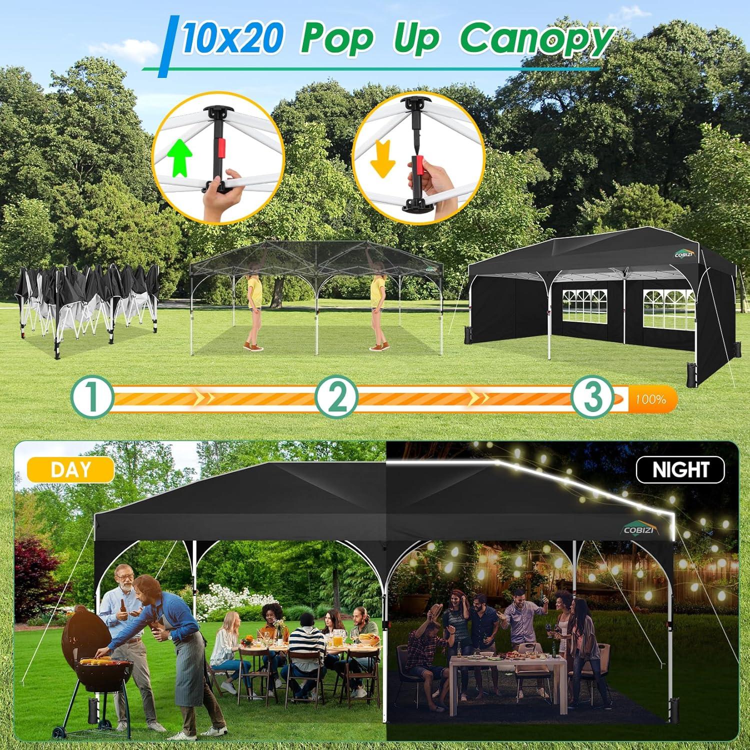 image:imageCOBIZI 10x20 Pop up Canopy Tent with 4 Sidewalls Outdoor Canopy Tent for Party with Push Center Lock amp Air Vent 2000mmWaterproof Gazebo Canopy UPF 50with 4 Sandbags12 Stakes amp 6 RopesBlackBlack