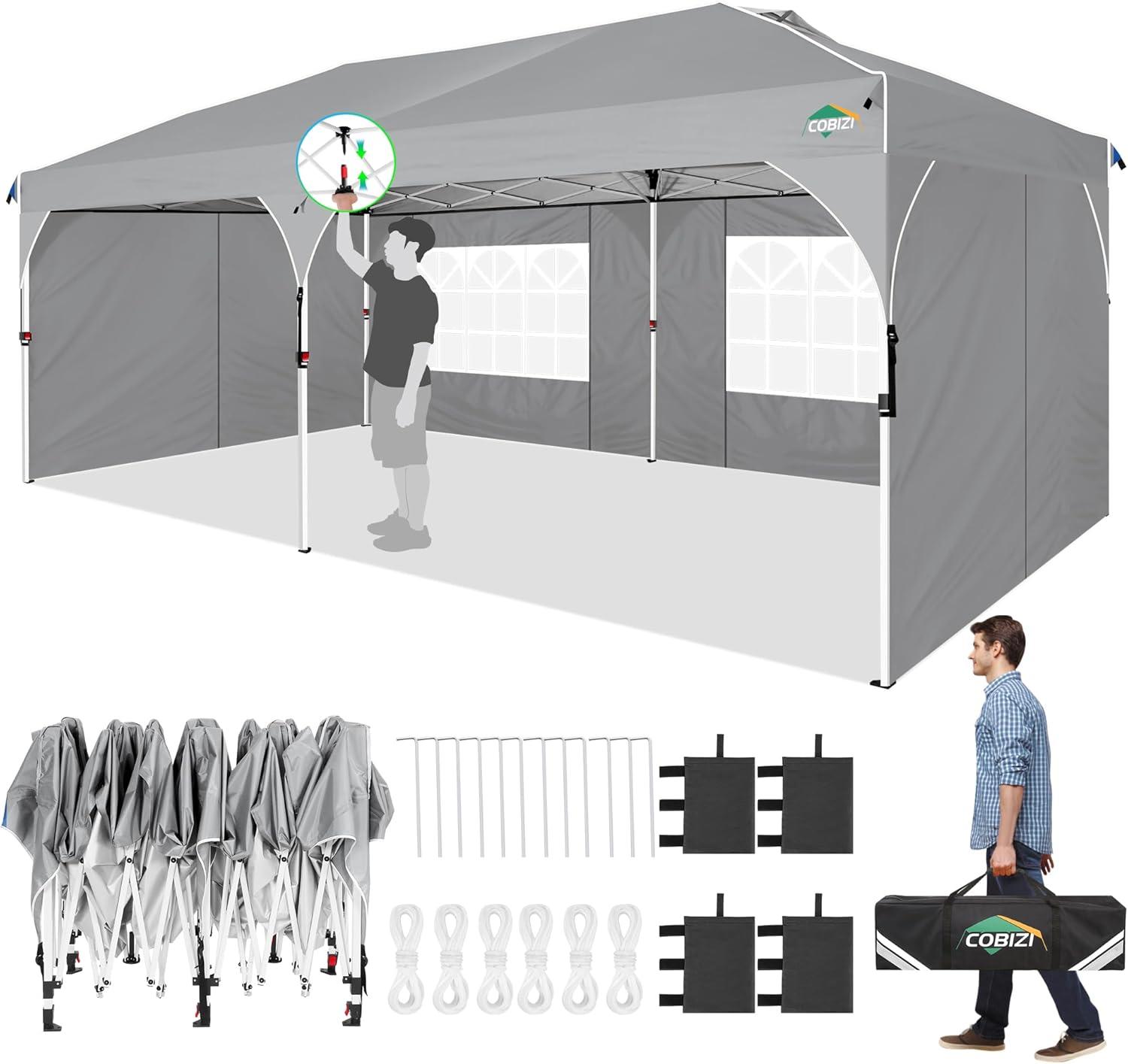 image:imageCOBIZI 10x20 Pop up Canopy Tent with 4 Sidewalls Outdoor Canopy Tent for Party with Push Center Lock amp Air Vent 2000mmWaterproof Gazebo Canopy UPF 50with 4 Sandbags12 Stakes amp 6 RopesBlackGray