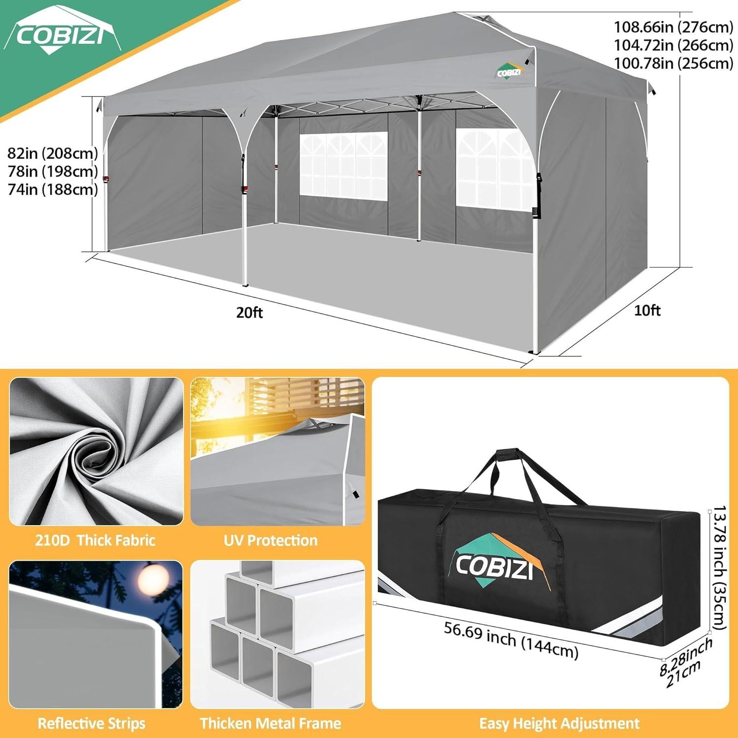 image:imageCOBIZI 10x20 Pop up Canopy Tent with 4 Sidewalls Outdoor Canopy Tent for Party with Push Center Lock amp Air Vent 2000mmWaterproof Gazebo Canopy UPF 50with 4 Sandbags12 Stakes amp 6 RopesBlackGray