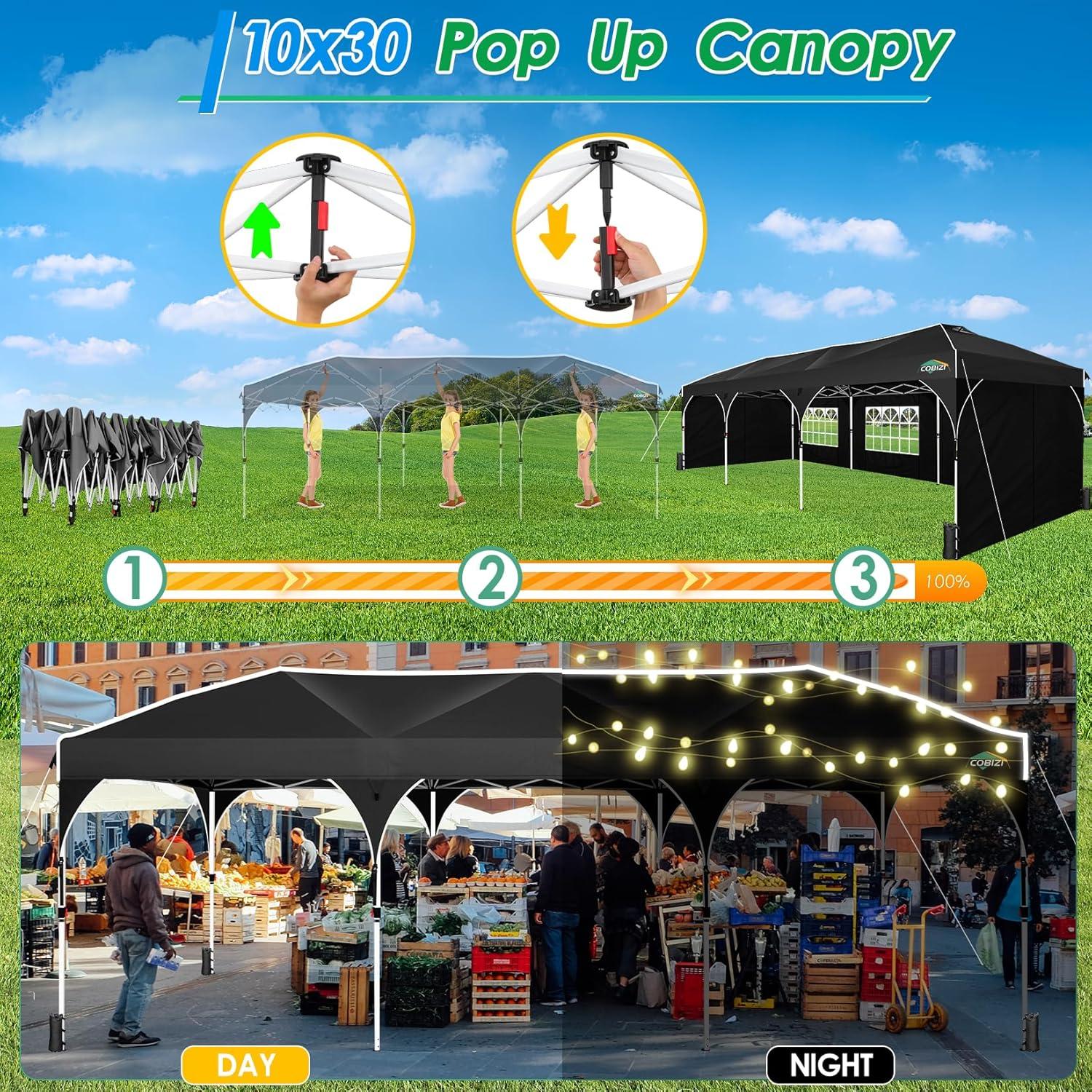 image:imageCOBIZI 10x20 Pop up Canopy Tent with 4 Sidewalls Outdoor Canopy Tent for Party with Push Center Lock amp Air Vent 2000mmWaterproof Gazebo Canopy UPF 50with 4 Sandbags12 Stakes amp 6 RopesBlackBlack