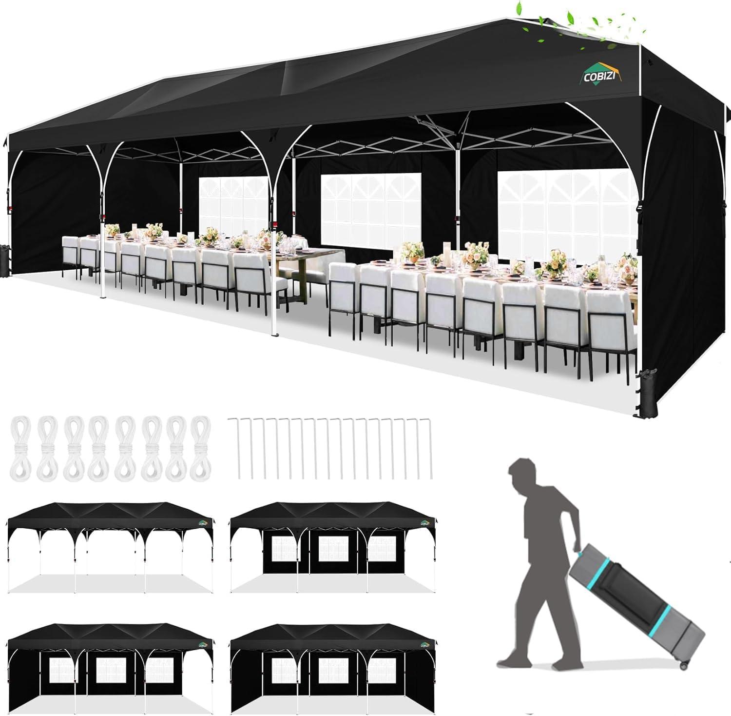 image:imageCOBIZI 10x20 Pop up Canopy Tent with 4 Sidewalls Outdoor Canopy Tent for Party with Push Center Lock amp Air Vent 2000mmWaterproof Gazebo Canopy UPF 50with 4 Sandbags12 Stakes amp 6 RopesBlackBlack