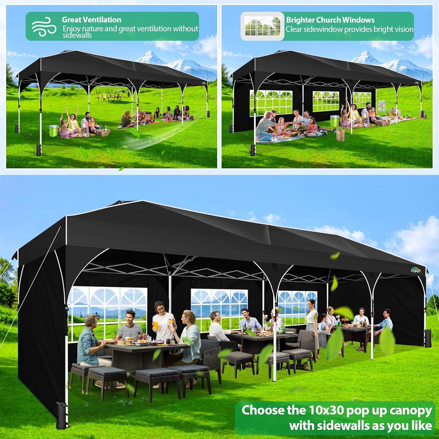 image:imageCOBIZI 10x20 Pop up Canopy Tent with 4 Sidewalls Outdoor Canopy Tent for Party with Push Center Lock amp Air Vent 2000mmWaterproof Gazebo Canopy UPF 50with 4 Sandbags12 Stakes amp 6 RopesBlackBlack