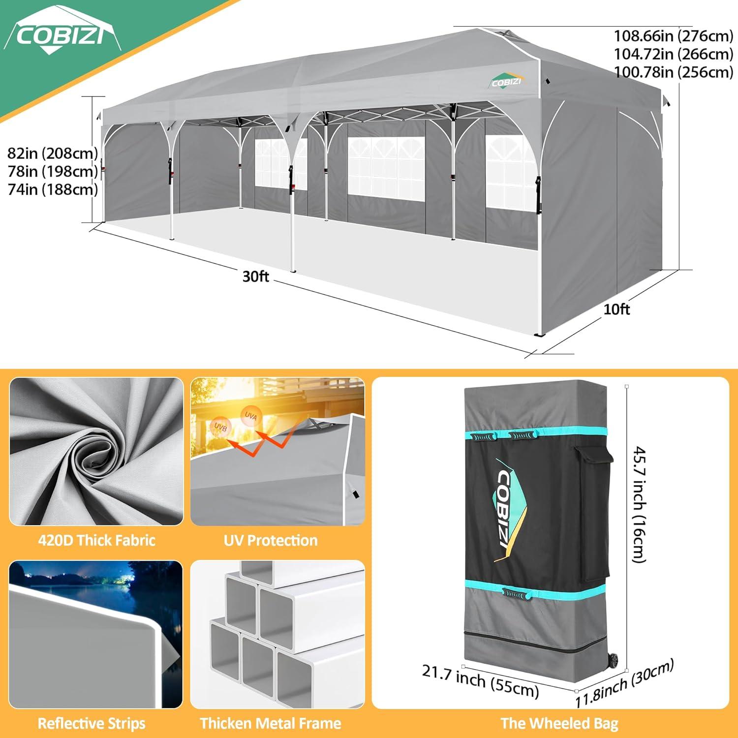 image:imageCOBIZI 10x20 Pop up Canopy Tent with 4 Sidewalls Outdoor Canopy Tent for Party with Push Center Lock amp Air Vent 2000mmWaterproof Gazebo Canopy UPF 50with 4 Sandbags12 Stakes amp 6 RopesBlackGray
