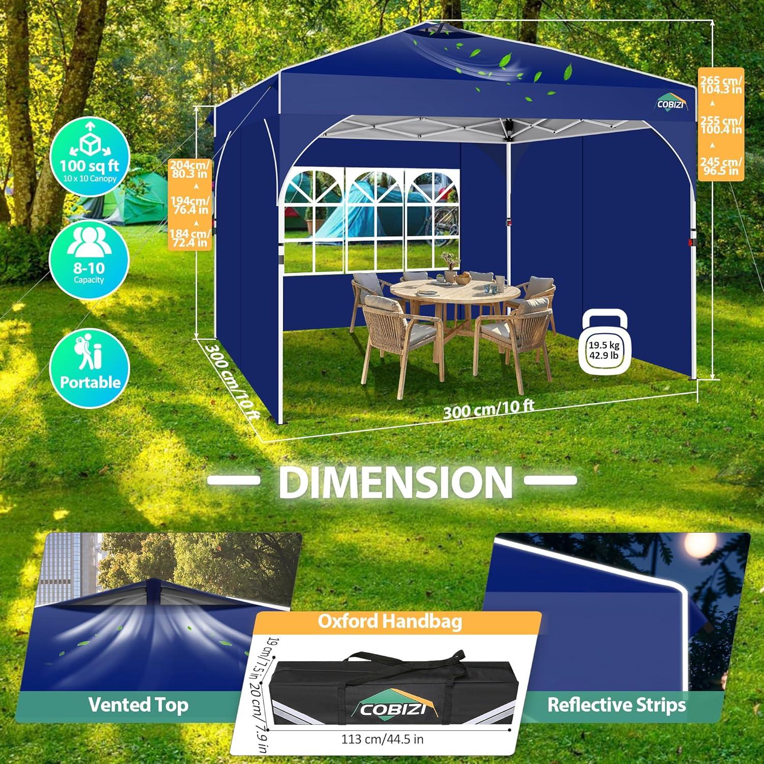 image:imageCOBIZI 10x20 Pop up Canopy Tent with 4 Sidewalls Outdoor Canopy Tent for Party with Push Center Lock amp Air Vent 2000mmWaterproof Gazebo Canopy UPF 50with 4 Sandbags12 Stakes amp 6 RopesBlackDark Blue